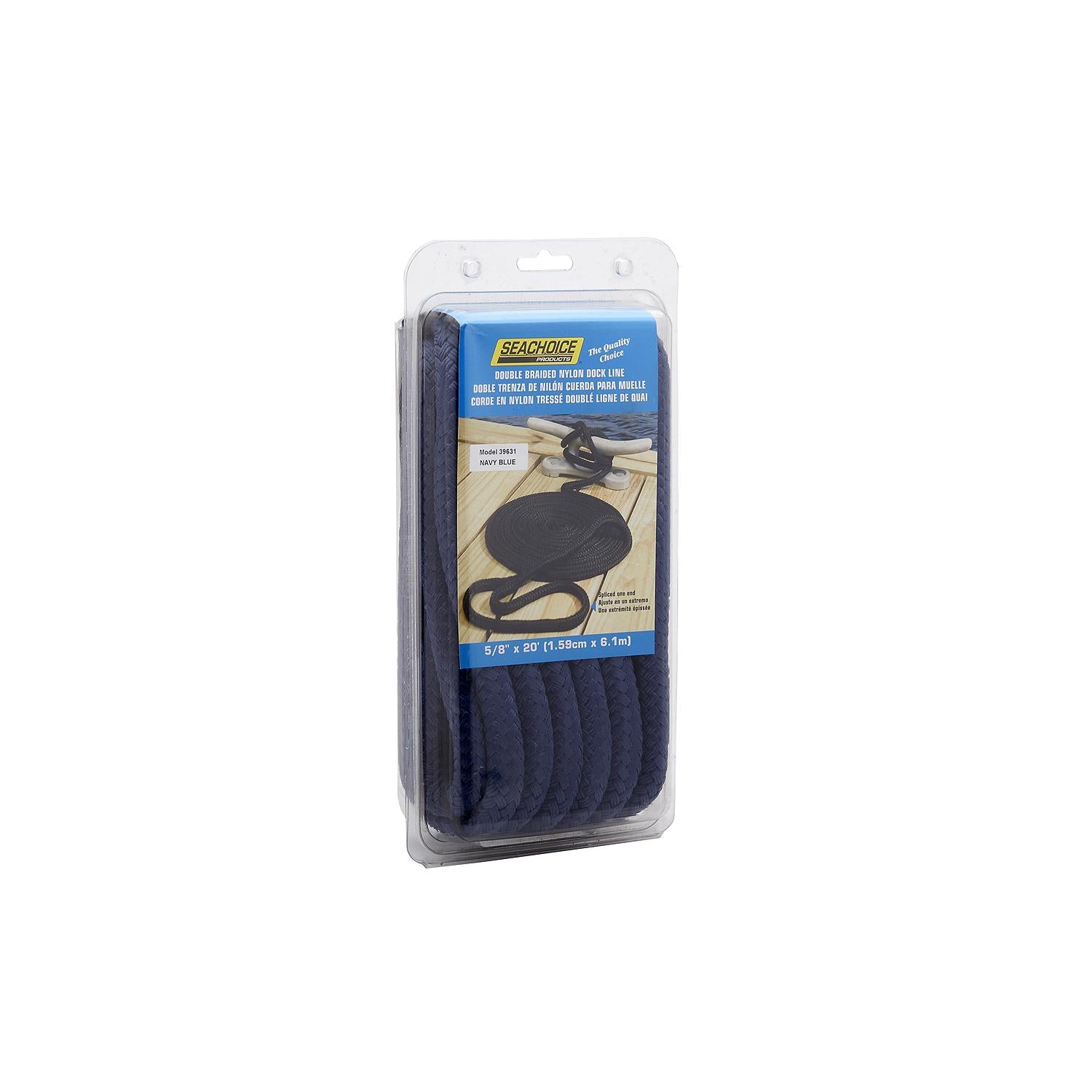 Seachoice Double-Braid Nylon Dock Line w/ Eye Splice, Pre-Shrunk, Heat Stabilized, 5/8 In. x 20 Ft., Navy