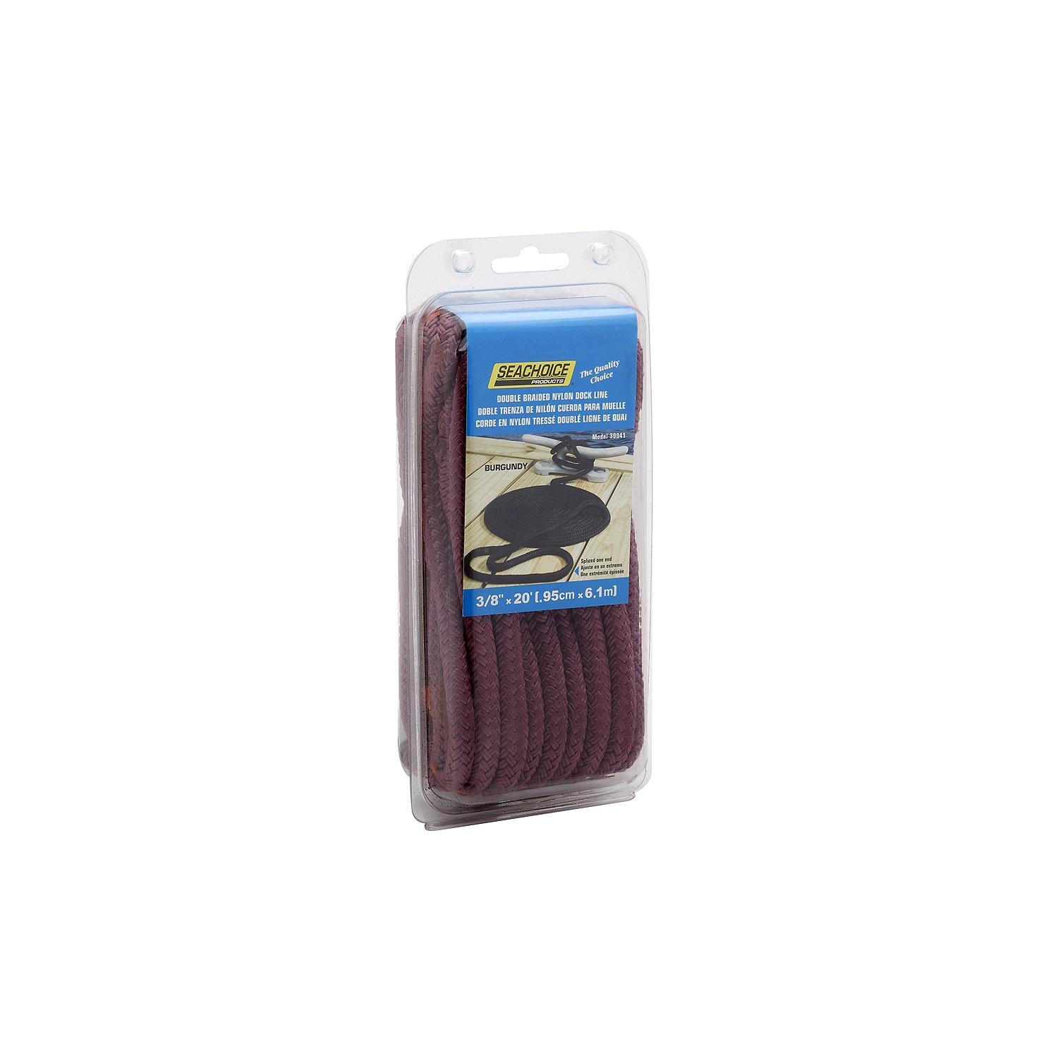 Seachoice Double-Braid Nylon Dock Line w/ Eye Splice, Pre-Shrunk, Heat Stabilized, 3/8 In. X 20 Ft., Burgundy