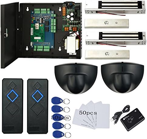 MENGQI-CONTROL 2 Door Access Control Board System 110-240V Power Supply Box North American ANSI Electric Strike Lock RFID Reader Enroll USB Reader RFID Card & Key Fobs,Phone APP Remotely Open Door
