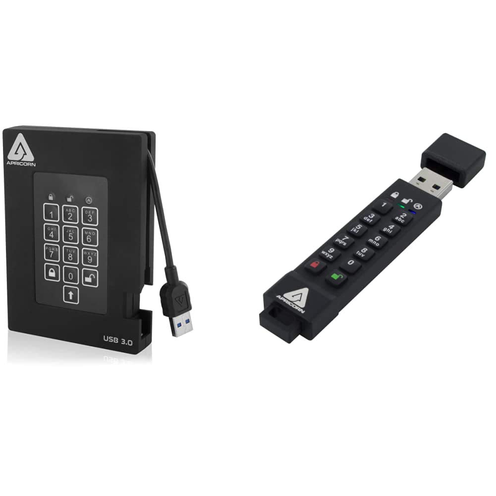 Apricorn 1TB Aegis Padlock Fortress USB 3.0 Encrypted Hard Drive with PIN Access (A25-3PL256-1000F) and 128GB Aegis Secure Key 3Z USB 3.1 Encrypted Flash Drive with PIN Access (ASK3Z-128GB)