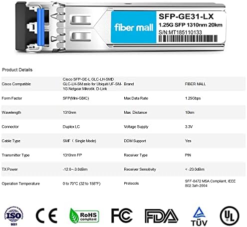 1G SFP SX for Cisco LC-SX-MMD GLC-SX-MM SFP-GE-S Ubiquiti unifi UF-MM-1G Netgear AGM731F D-Link DEM-311GT ZTE SFP-GE-M500 Extreme MGBIC-LC01 1000BASE-SX SFP 850nm 550m DOM Transceiver Module…|B0899NTT14