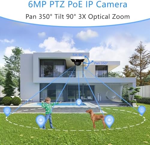 Real HD 6MP Mini PTZ Dome PoE IP Camera Outdoor with Pan Tilt, 3X Zoom, 2.8-8mm Motorized Varifocal Lens, H.265, IP66, NVR or Windows PC Required, NDAA Compliant