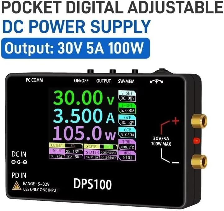 DPS100 Laboratory DC Power Supply, 30V 5A Adjustable, 100W max，with 2.4-inch IPS Display, <20mV Power Ripple, PD/QC/DC Input, Mini Portable Switching Power Supply (NO Power Adapter)|B0F25WQ89B