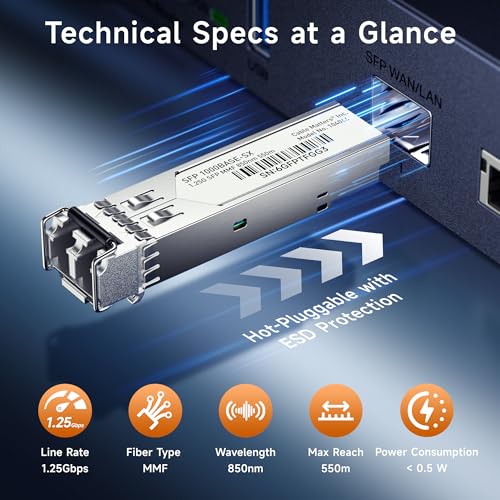 Cable Matters 2-Pack 1000BASE-SX SFP to LC Multimode 1G Fiber Transceiver Module, 1.25G, 800nm, MMP Fiber Up to 500m for Cisco, Ubiquiti, TP-Link, Huawei, MikroTik, Netgear, Supermicro, and More|B07TYSVP3R