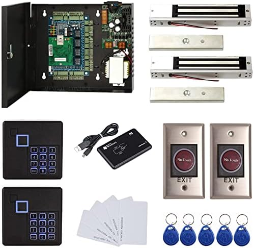 MENGQI-CONTROL 2 Door Access Control Board System 600lbs Electromagnetic Lock Infrared NoTouch Exit Button Keypad Reader 110~240V Power Supply Box USB Enroll Reader Card Key Fob APP remotely Open Door
