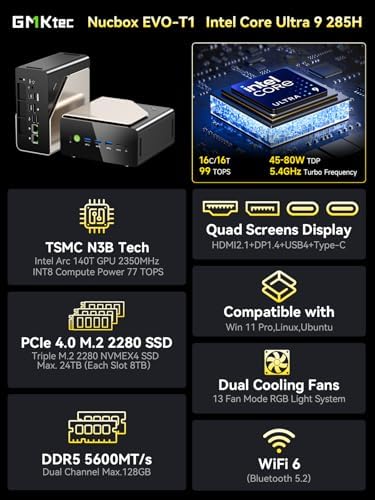 GMKtec AI Mini PC Ultra 9 285H (Turbo 5.4GHz) 96GB DDR5 2TB PCIe 4.0 SSD Mini Gaming Computer 3X M.2 Expansion Slots, Oculink, Quad Screen 8K Display EVO-T1|B0FH54R8J3