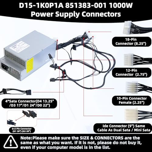 LXun Upgraded D15-1K0P1A 851383-001 1000W Power Supply Replacement for Original New D1K0E001H 1000w Power Supply Compatible with HP G4 Z4 Z6 Work Station Power Supply Main 18pin Connector