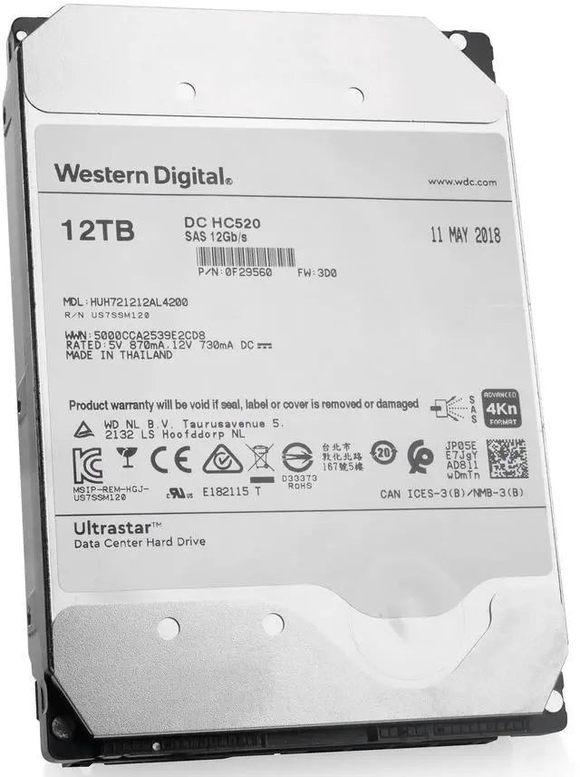Western Digital Ultrastar DC HC520 HUH721212AL4200 0F29560 12TB 7.2K RPM SAS 12 Gb/s 4Kn 3.5in Seller Refurbished HDD