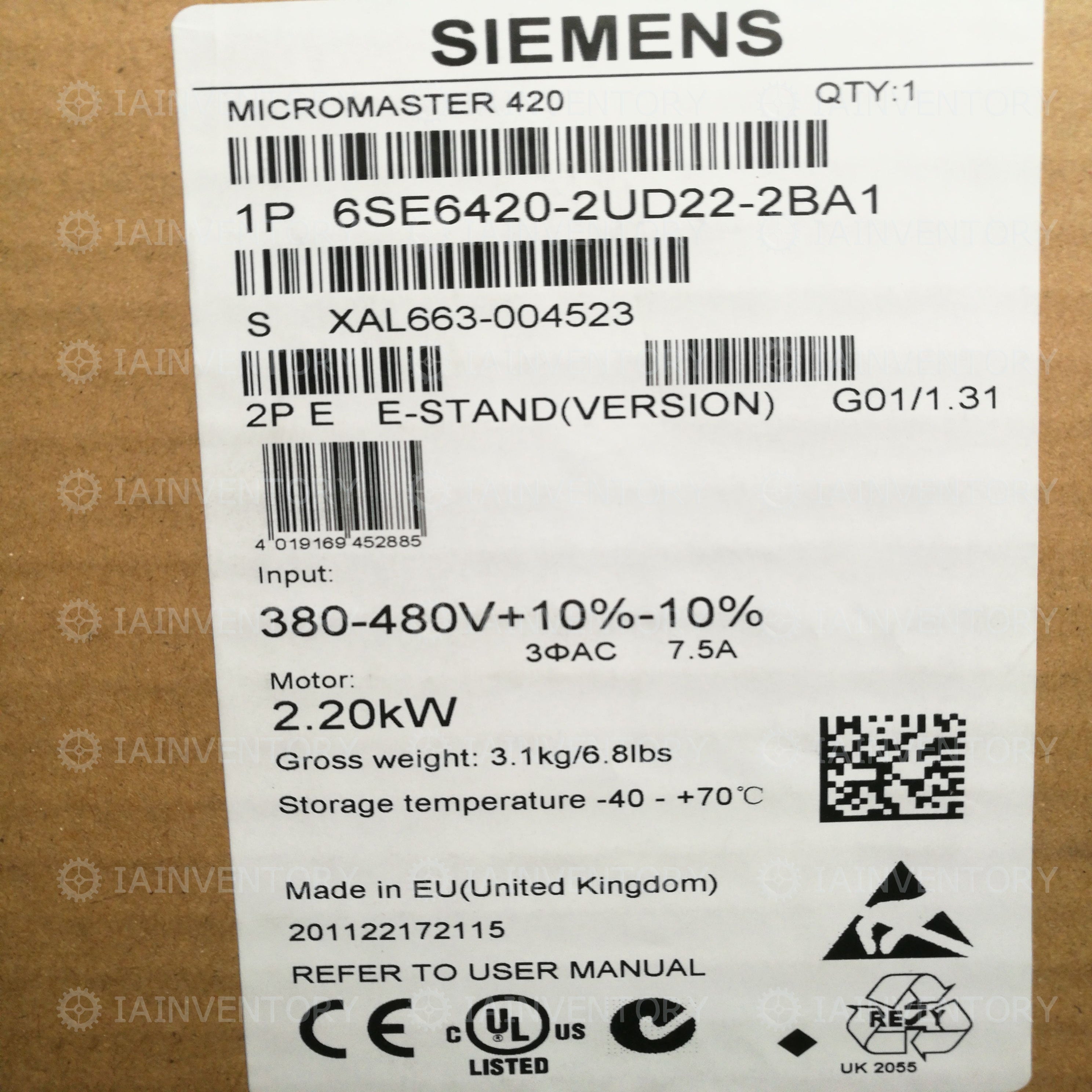 Siemens 6SE6420-2UD22-2BA1 Inverter 6SE6 420-2UD22-2BA1