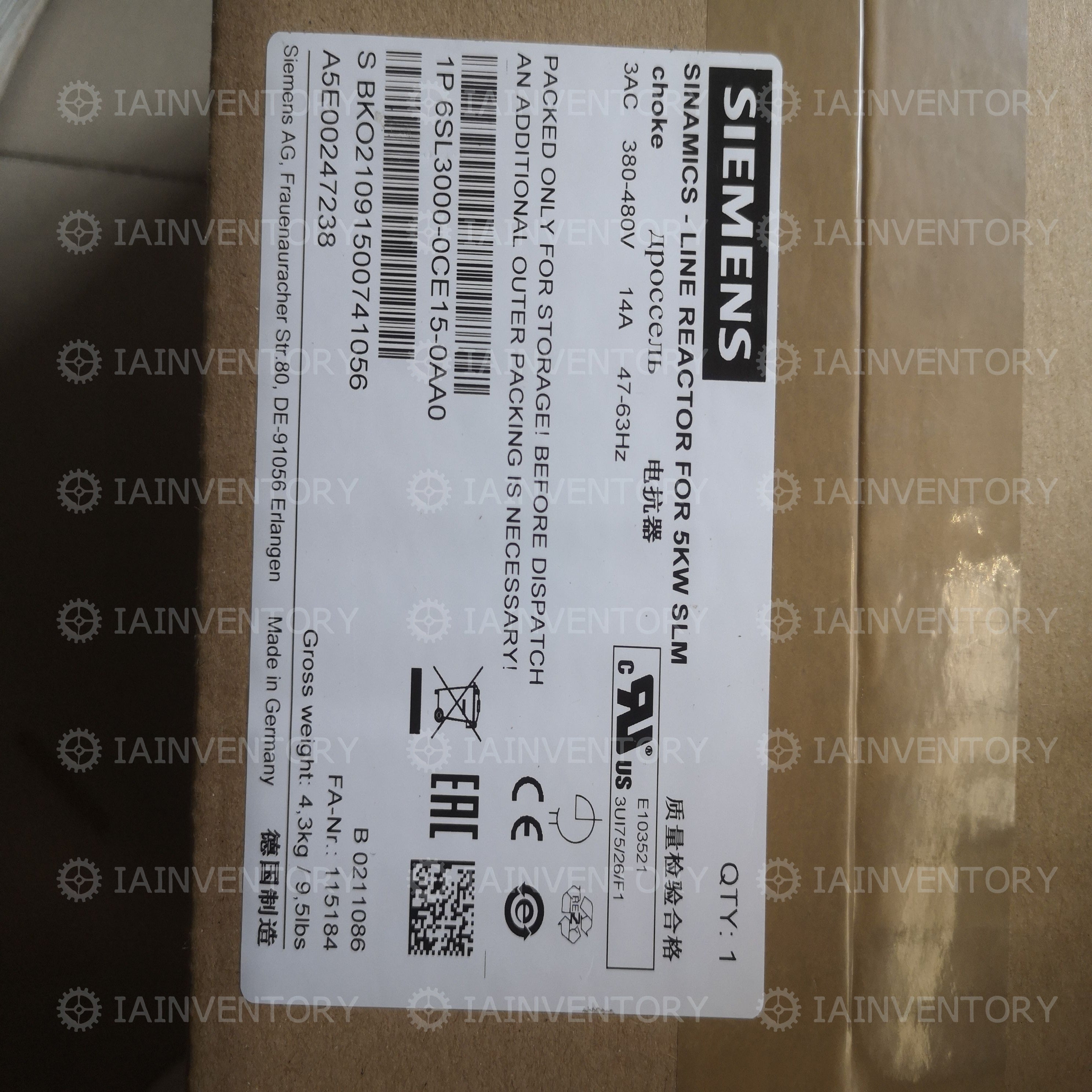 Siemens 6SL3000-0CE15-0AA0 DROSSEL-LINE reactor 6SL3 000-0CE15-0AA0