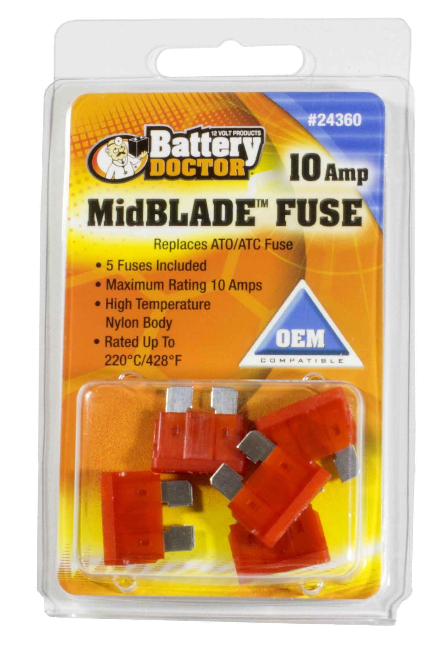 Wirthco 24360 Battery Doctor Midblade ATO/ATC Fuses, 10A, 5/Pk