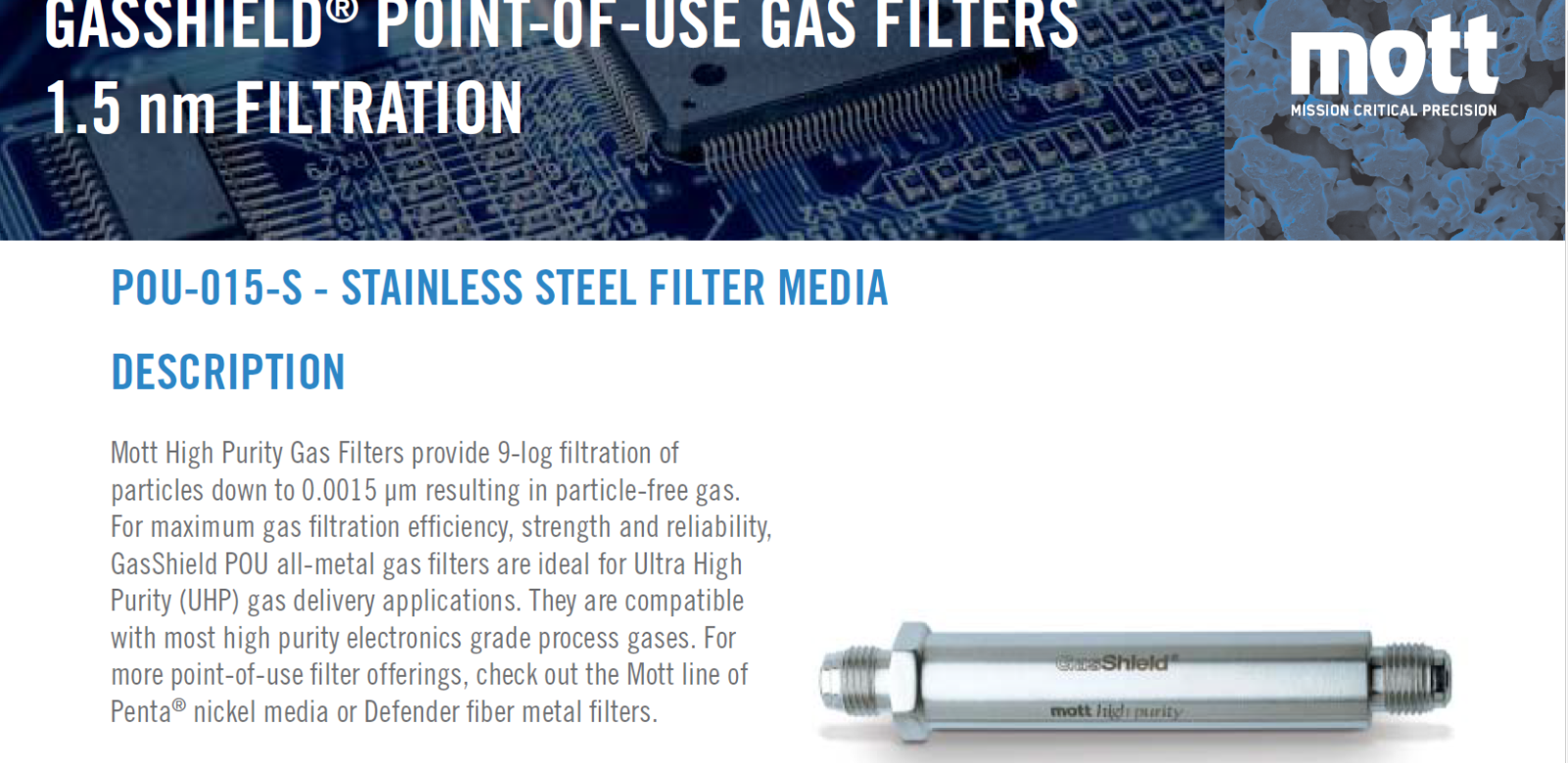 Mott P0U-015-SV1 High Purity Gas Filter 316L 1/4 Face Seal | Alo Tech Solutions