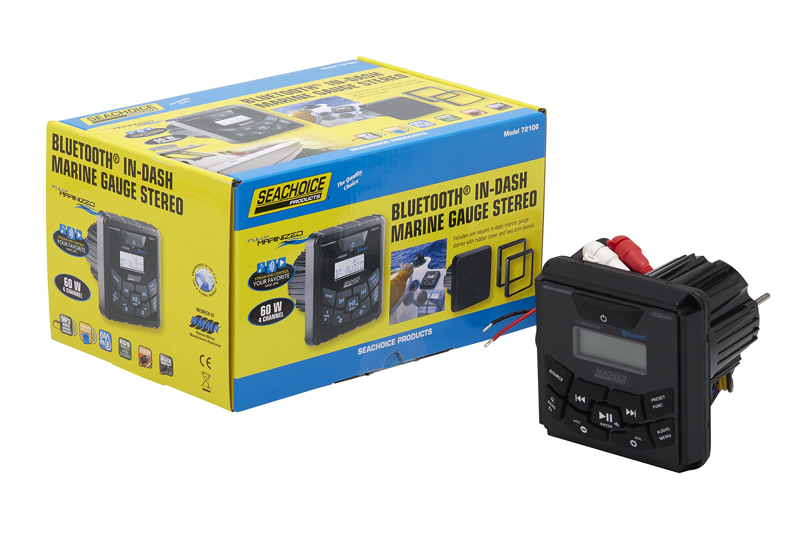 Seachoice MGR450BSC 72106 Bluetooth In-Dash Marine Gauge Stereo, Square Face