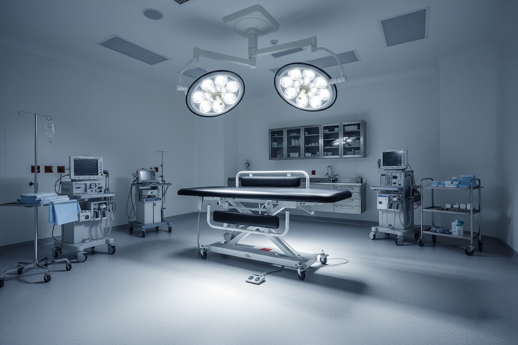 XRO Power Hi-Lo Exam Table, Open Base w/ Flat Top, Casters, Handrail & Antimicrobial Upholstery, ADA Compliant