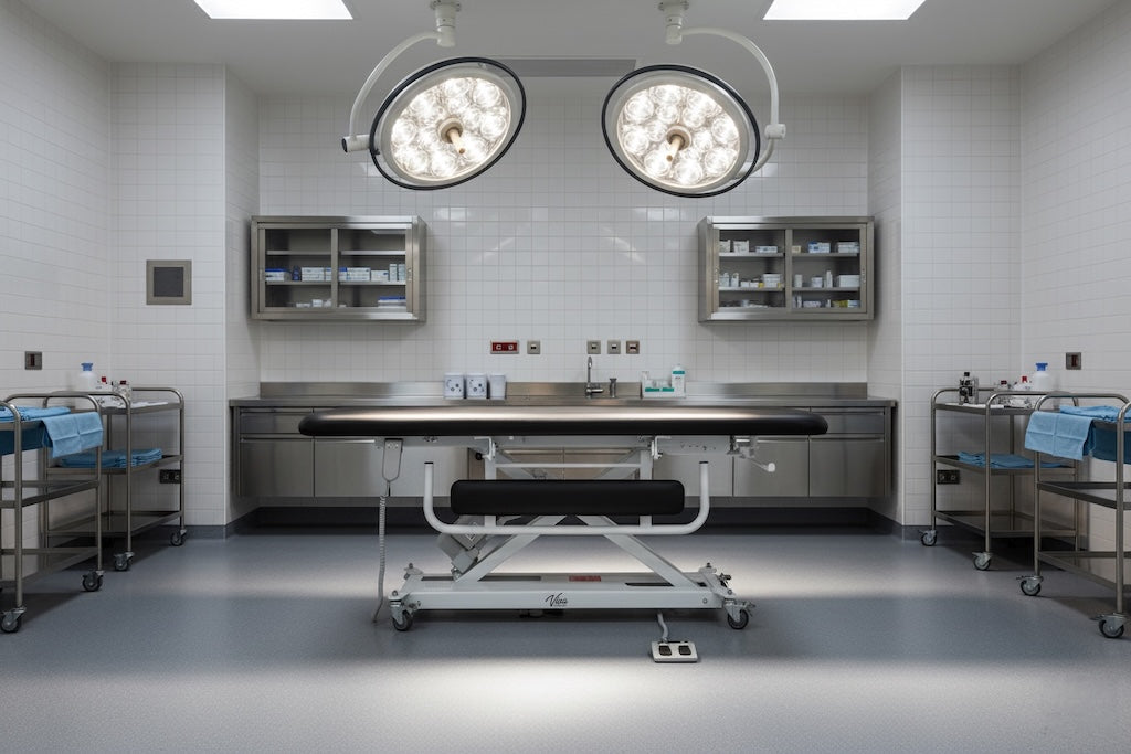 XRO Power Hi-Lo Exam Table, Open Base w/ Flat Top, Casters, Handrail & Antimicrobial Upholstery, ADA Compliant