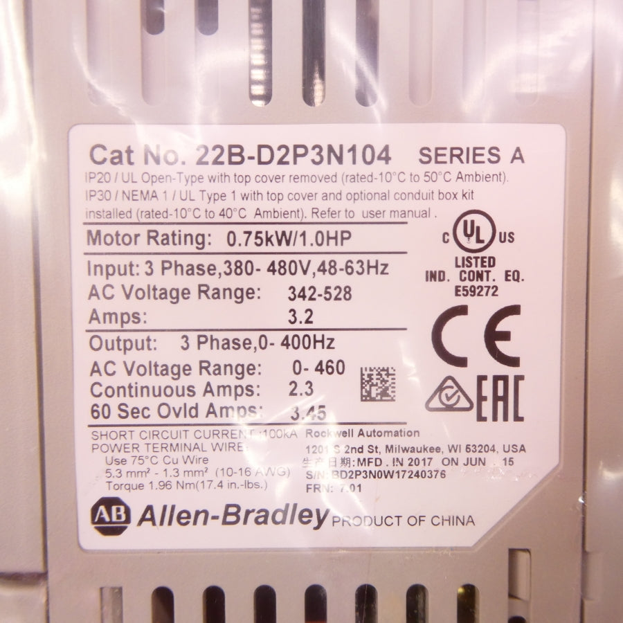 ALLEN BRADLEY 22B-D2P3N104 SER. A F/W 7.01 342-528V 3.2A NSMP