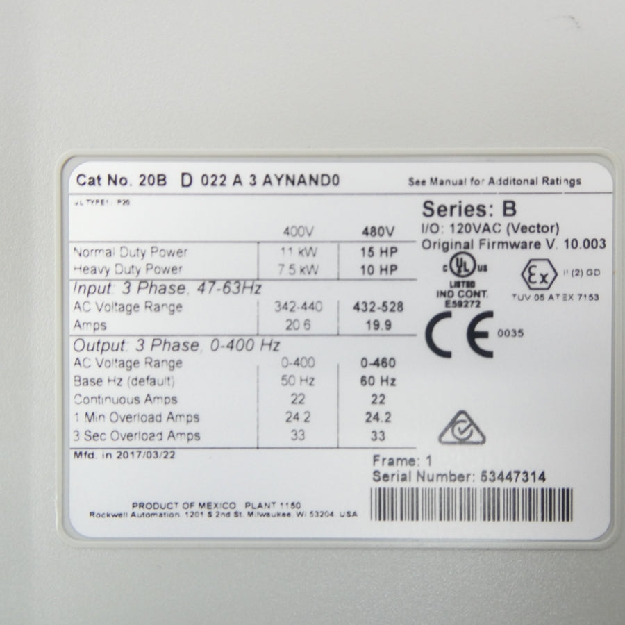 ALLEN BRADLEY 20BD022A3AYNAND0 SER. B F/W 10.003 432-528VAC 19.9A NSMP