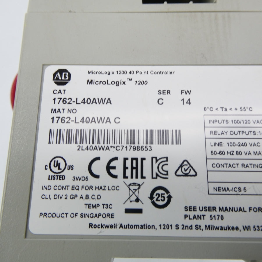 ALLEN BRADLEY 1762-L40AWA SER. C F/W 14 100/120VAC UNMP