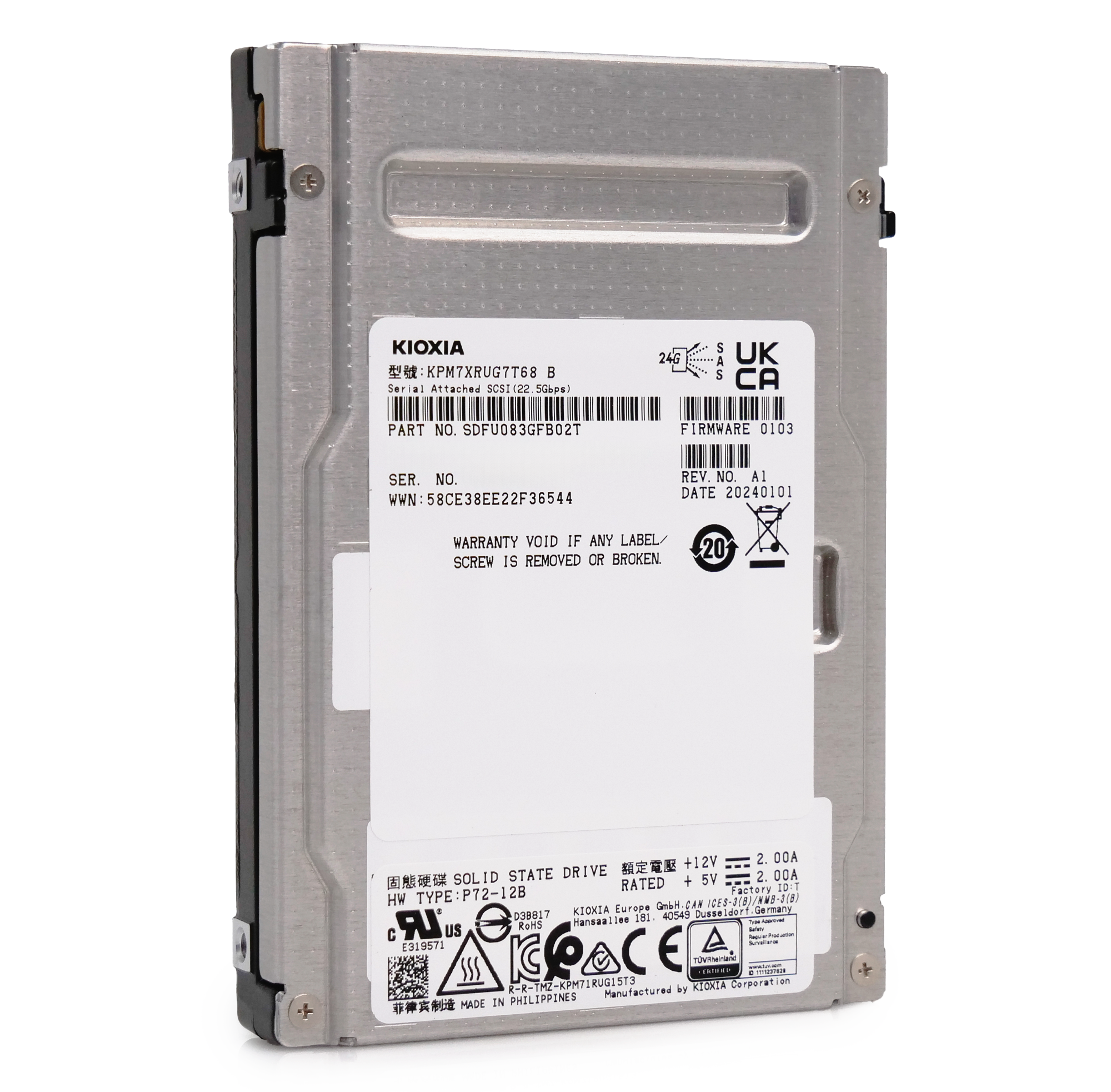 Kioxia PM7-R KPM7XRUG7T68 7.68TB 1 DWPD SAS-4 25Gb/s Read Intensive TLC 2.5in Enterprise Solid State Drive