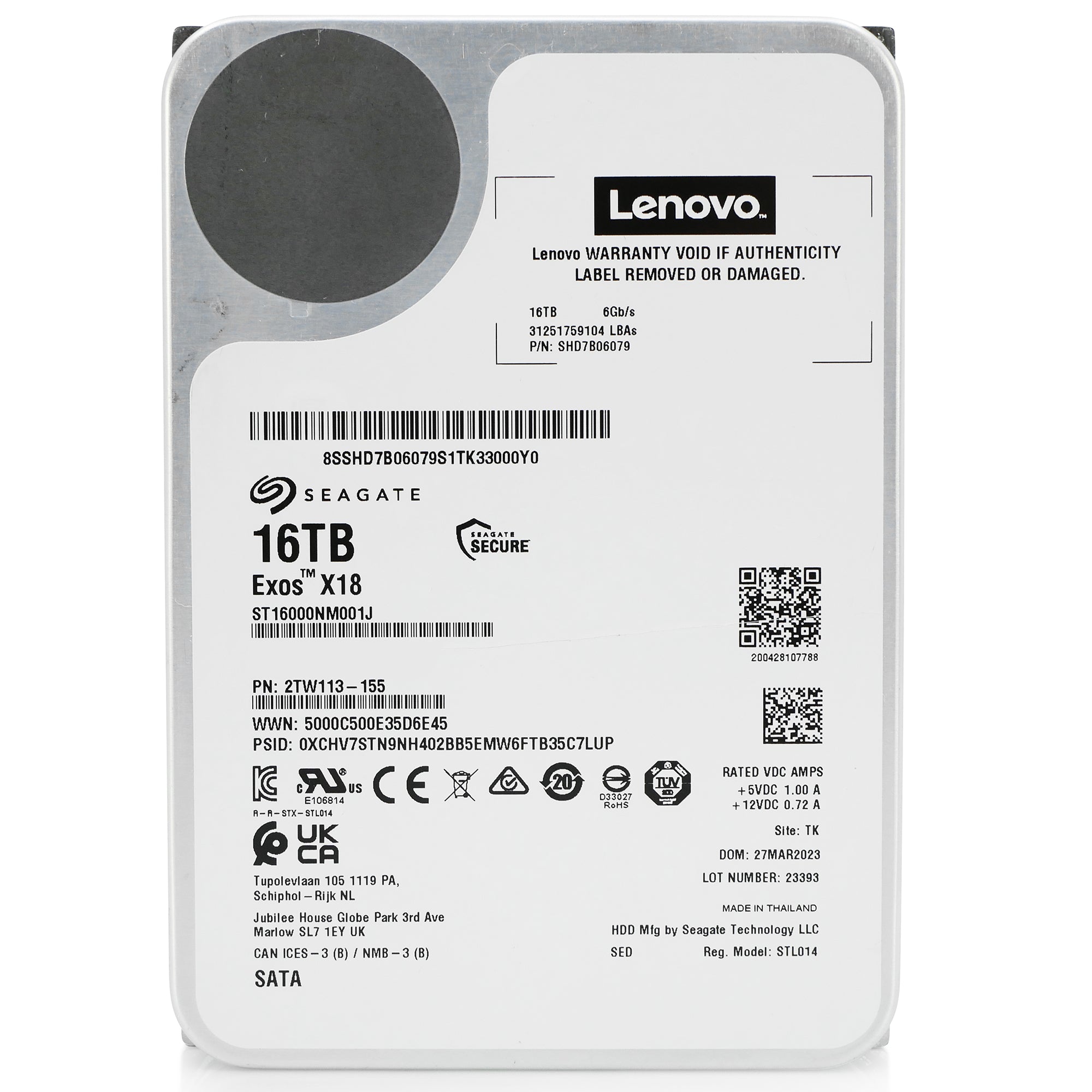 Seagate/Lenovo Exos X18 ST16000NM001J 16TB 7.2K RPM SATA 6Gb/s 512e 3.5in Hard Drive