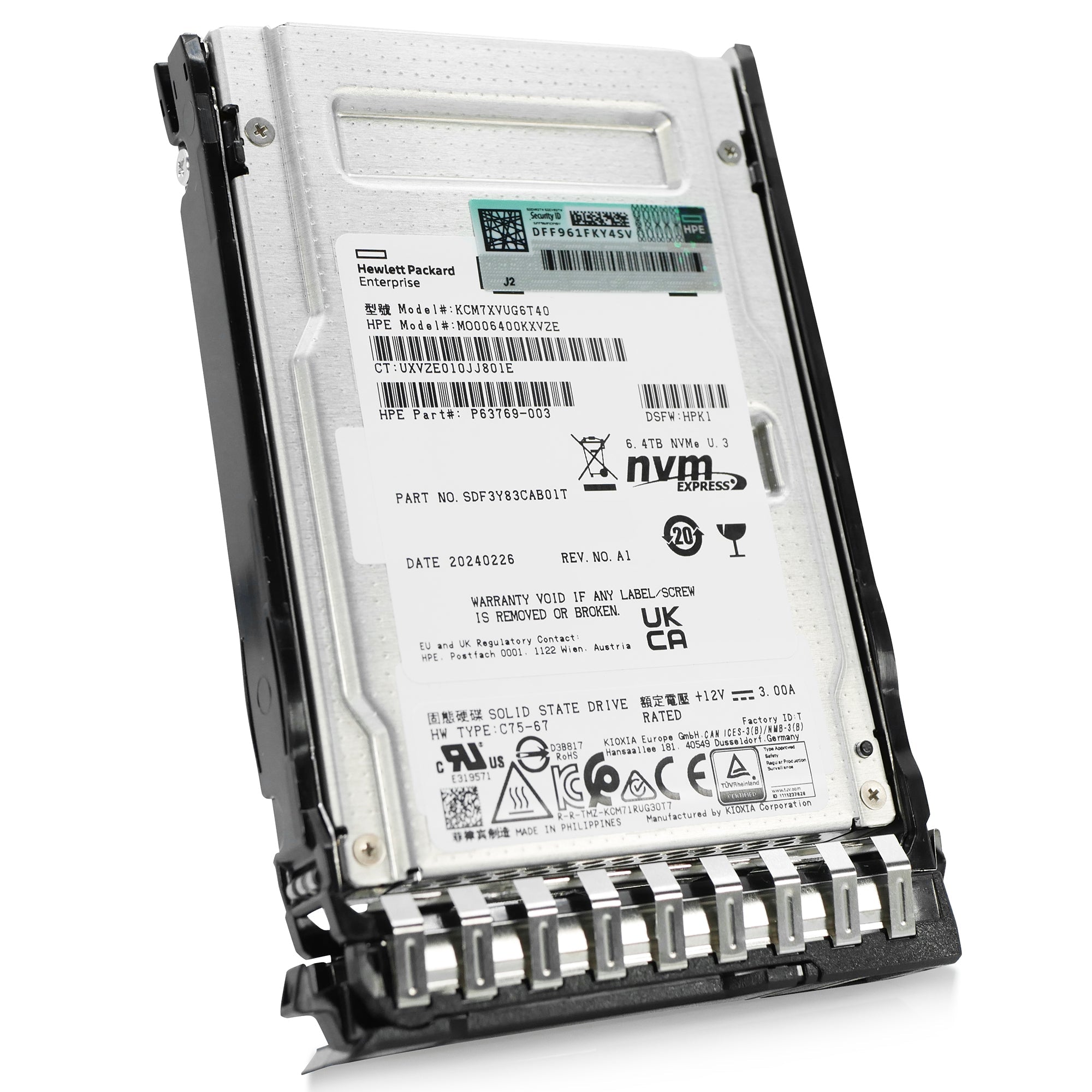 HPE Generation 10+ MO006400KXVZE P63769-003 6.4TB 3 DWPD PCIe Gen 4.0 x4 8GB/s 3D TLC U.3 NVMe 2.5in Solid State Drive