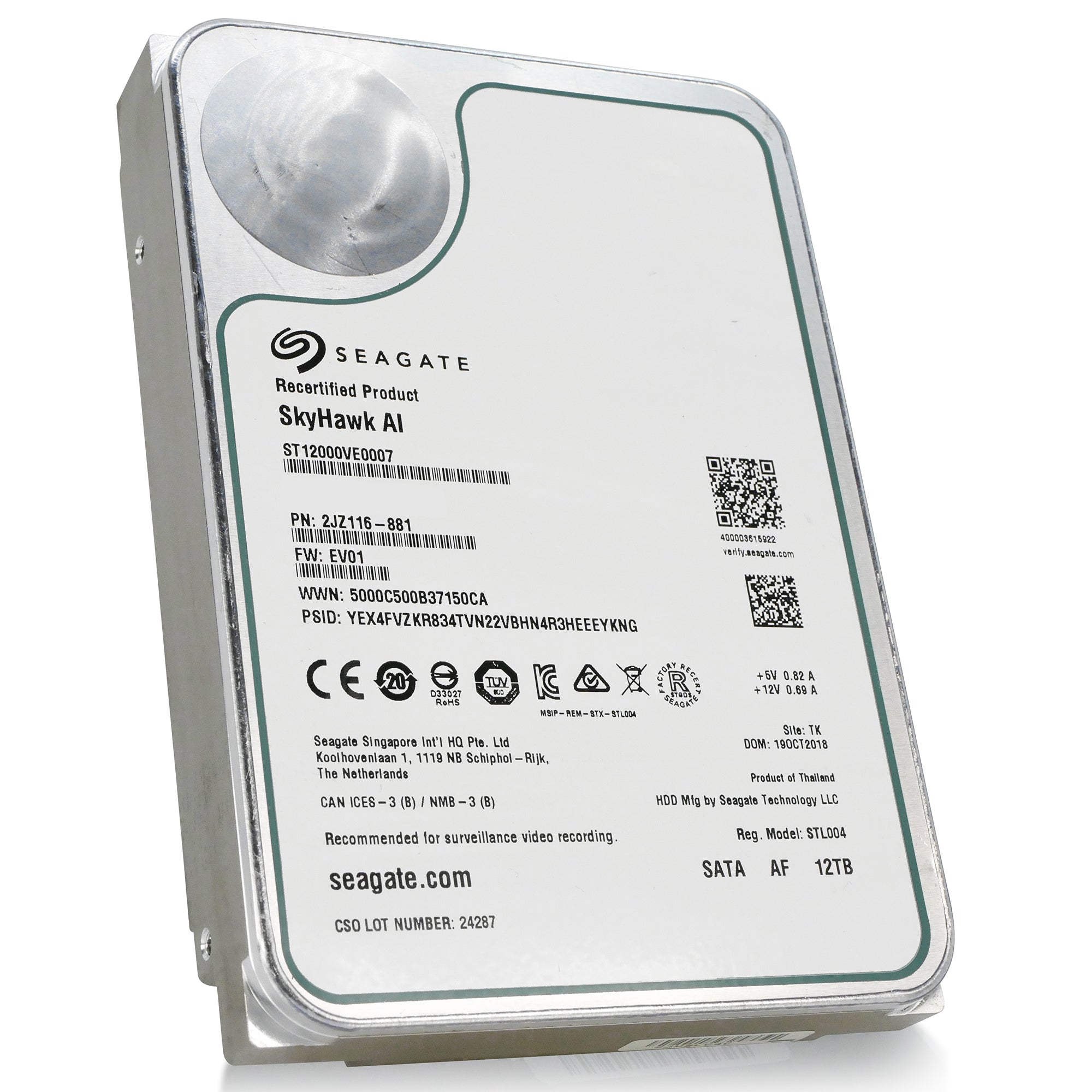 Seagate SkyHawk AI ST12000VE0007 12TB 7.2K RPM SATA 6Gb/s 512e 3.5in Recertified Hard Drive