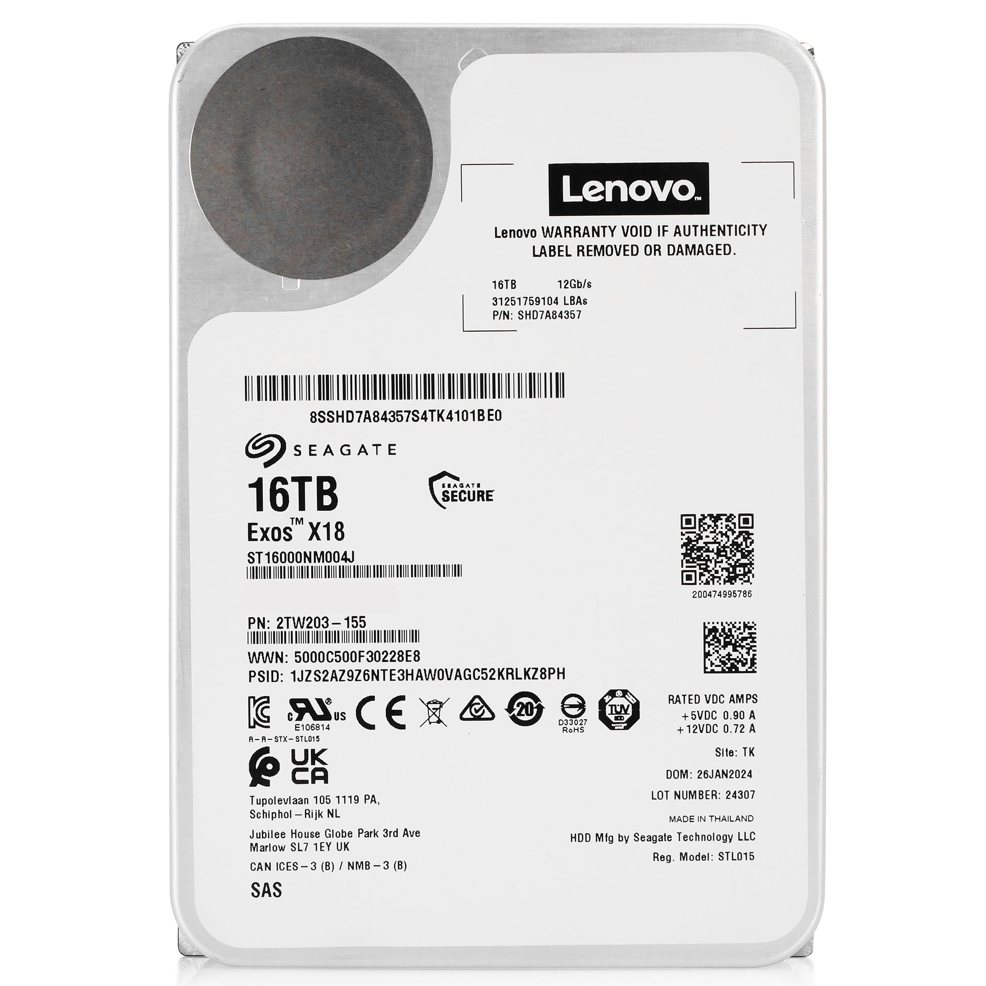 Seagate/Lenovo Exos X18 ST16000NM004J SHD7A84367 16TB 7.2K RPM SAS 12Gb/s 512e 3.5in Hard Drive