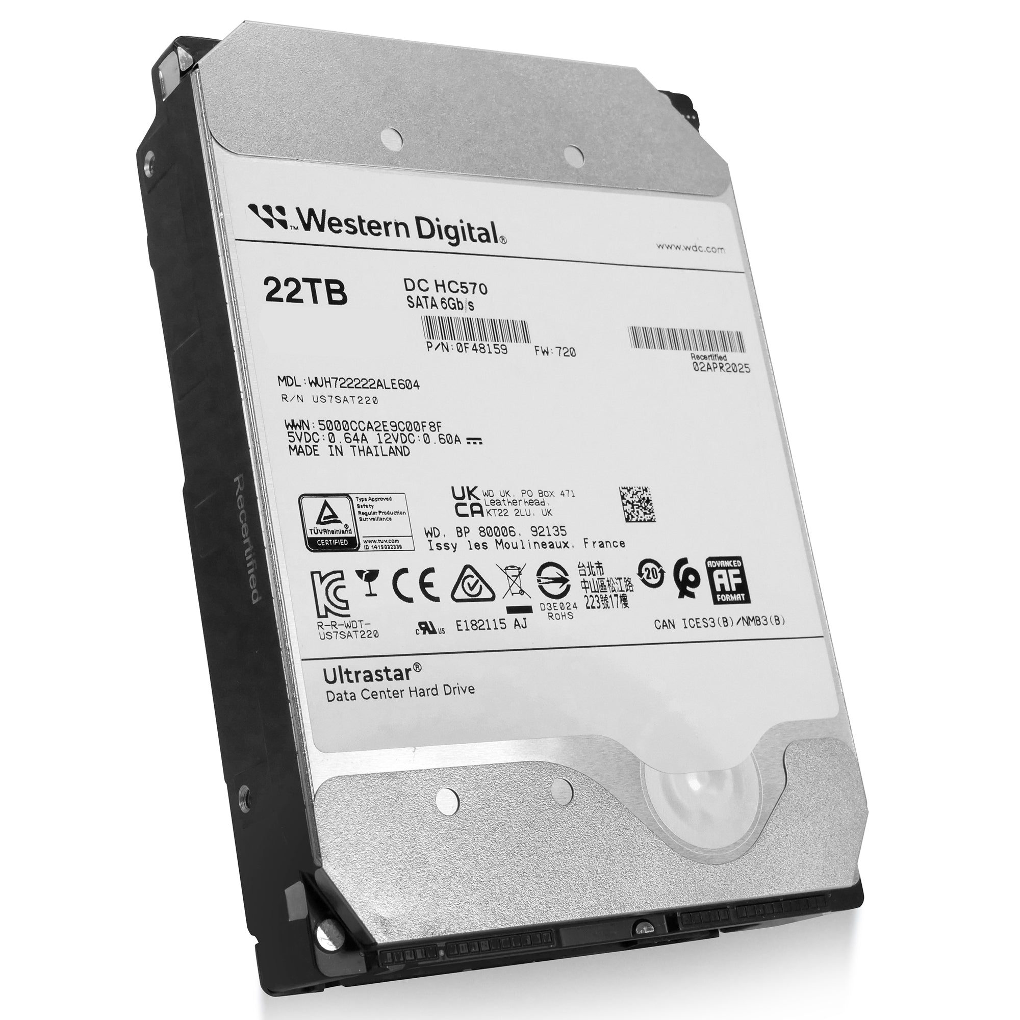 Western Digital Ultrastar DC HC570 WUH722222ALE604 0F48159 22TB 7.2K RPM SATA 6Gb/s 512e 3.5in Refurbished HDD