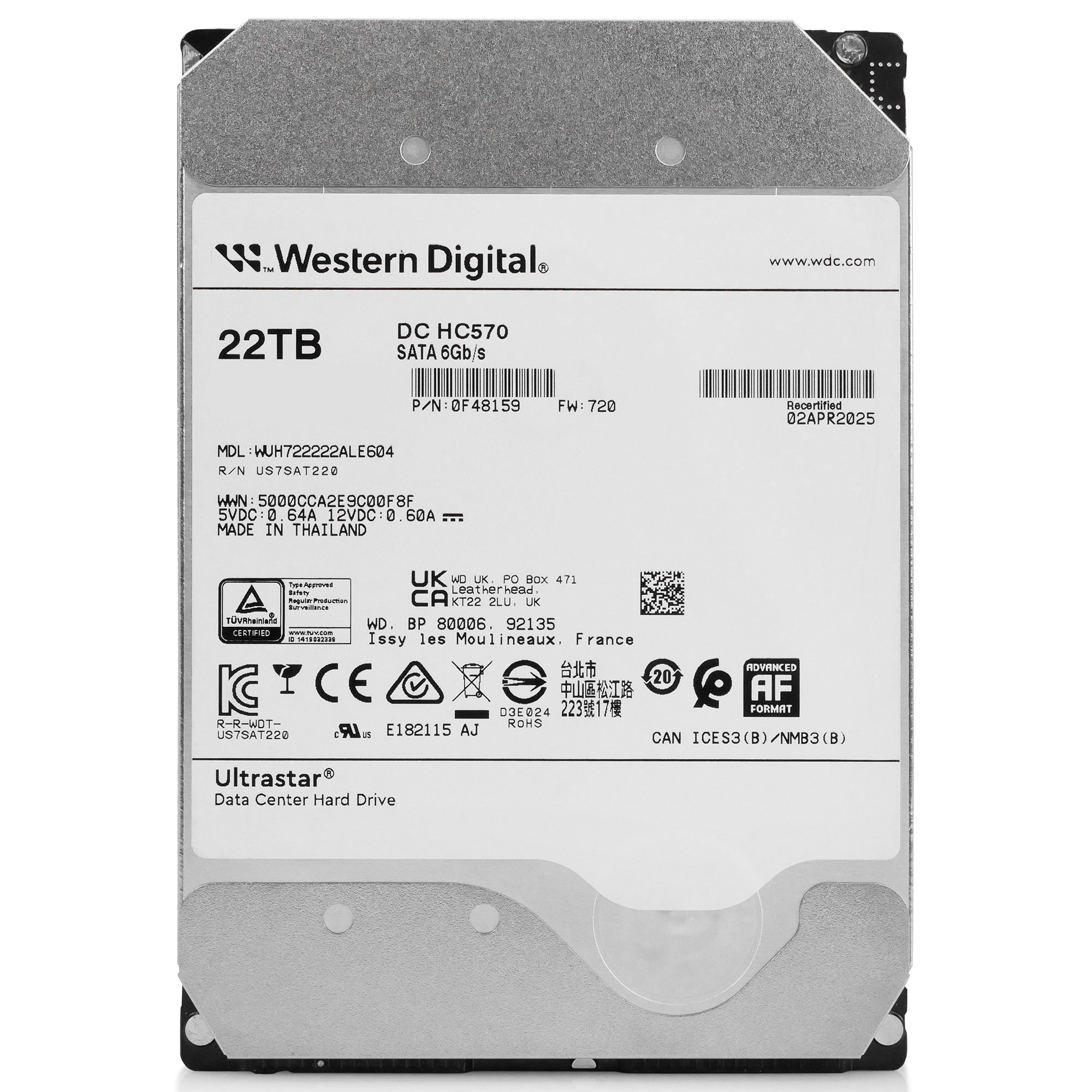 Western Digital Ultrastar DC HC570 WUH722222ALE604 0F48159 22TB 7.2K RPM SATA 6Gb/s 512e 3.5in Hard Drive