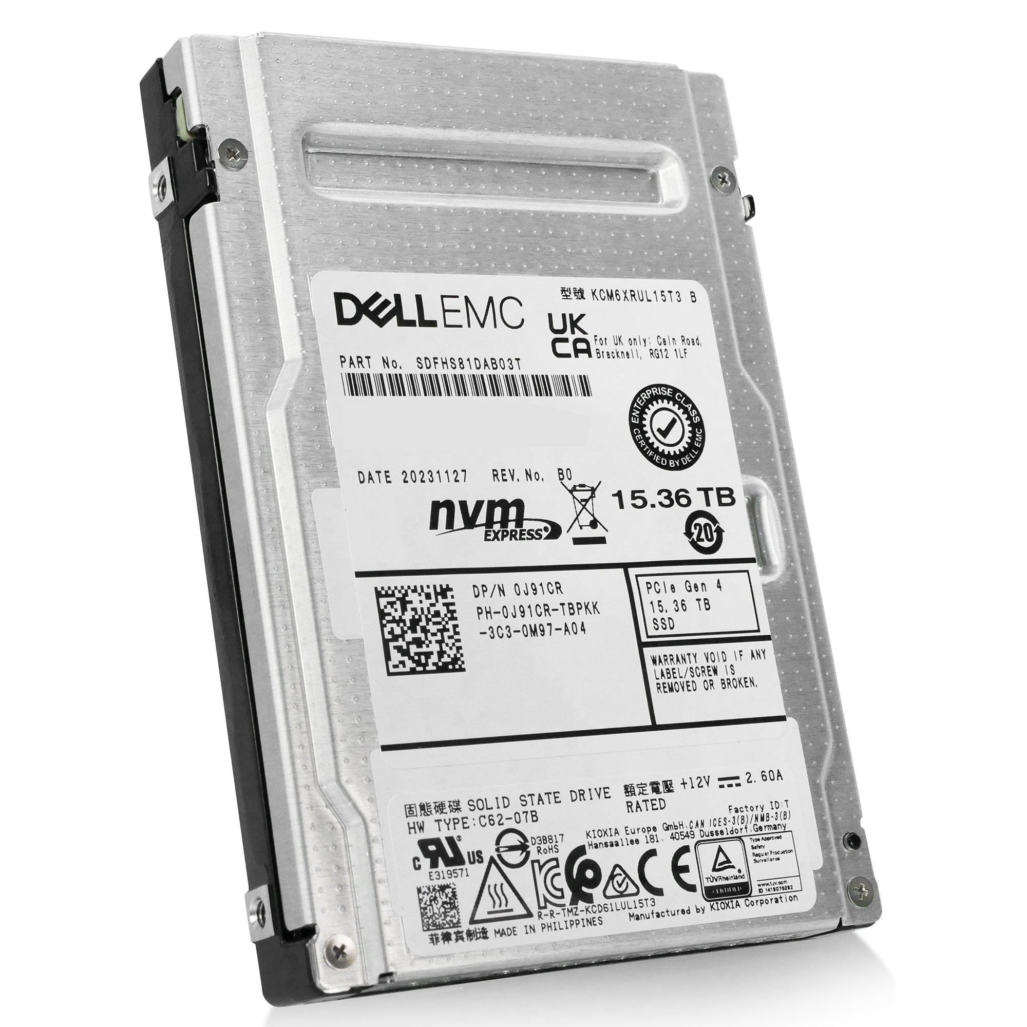 Dell/Kioxia CM6-R KCM6XRUL15T3 15.36TB 1 DWPD PCIe Gen 4.0 x4 8GB/s 3D TLC U.3 NVMe 2.5in Recertified Solid State Drive