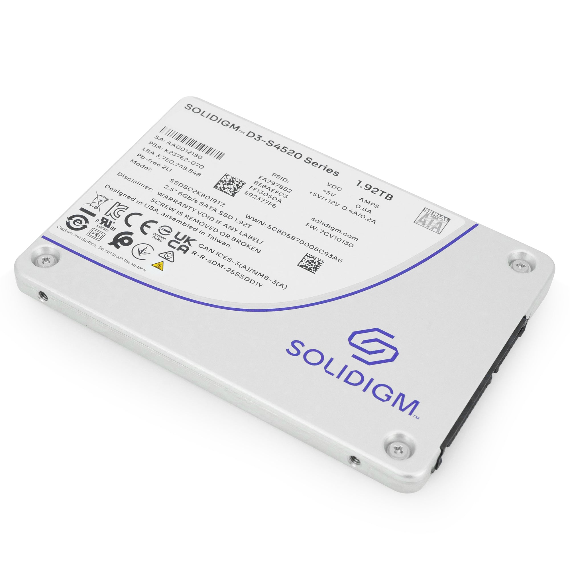 Solidigm/Intel D3-S4520 SSDSC2KB019TZ1Z 1.92TB 1 DWPD SATA 6Gb/s 3D TLC 2.5in Recertified Solid State Drive