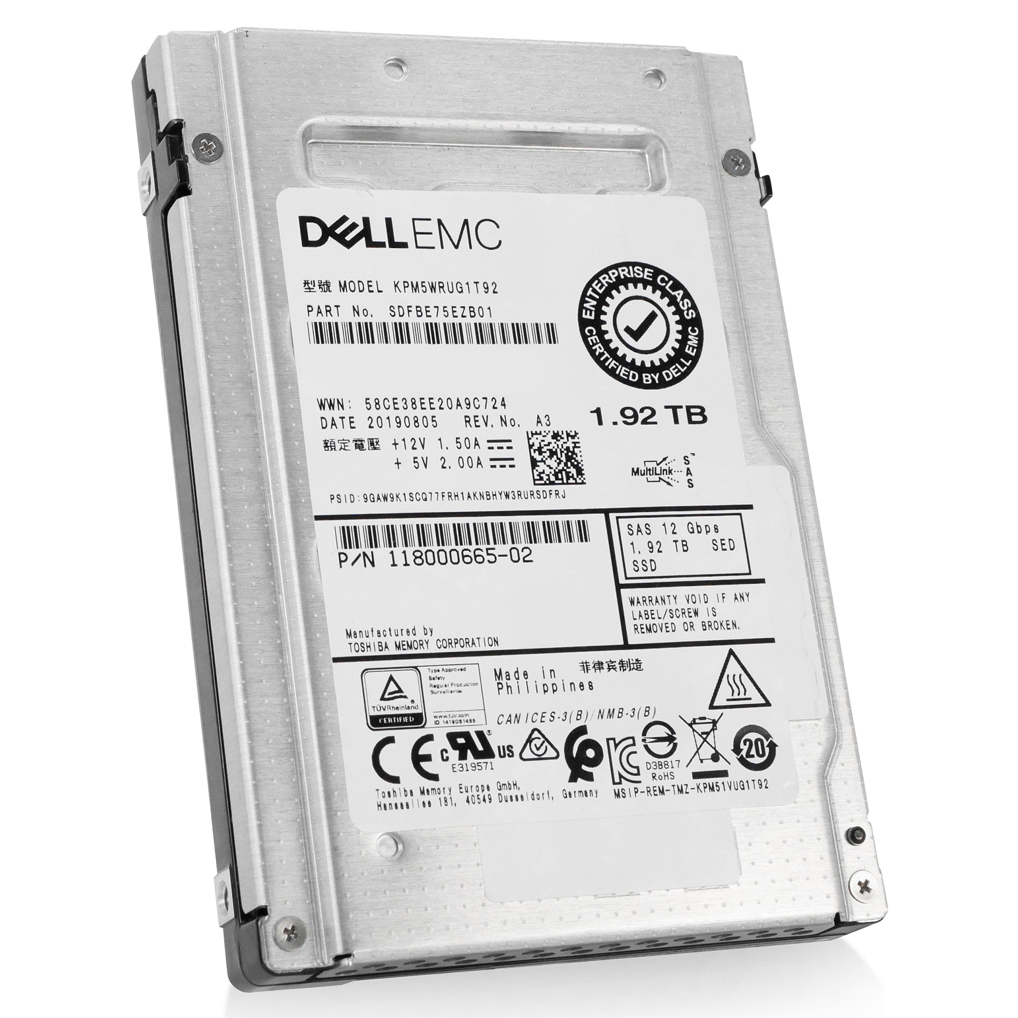 Dell/Kioxia PM5-R KPM5WRUG1T92 1.92TB 1 DWPD SAS 12Gb/s 3D TLC 2.5in Recertified Solid State Drive