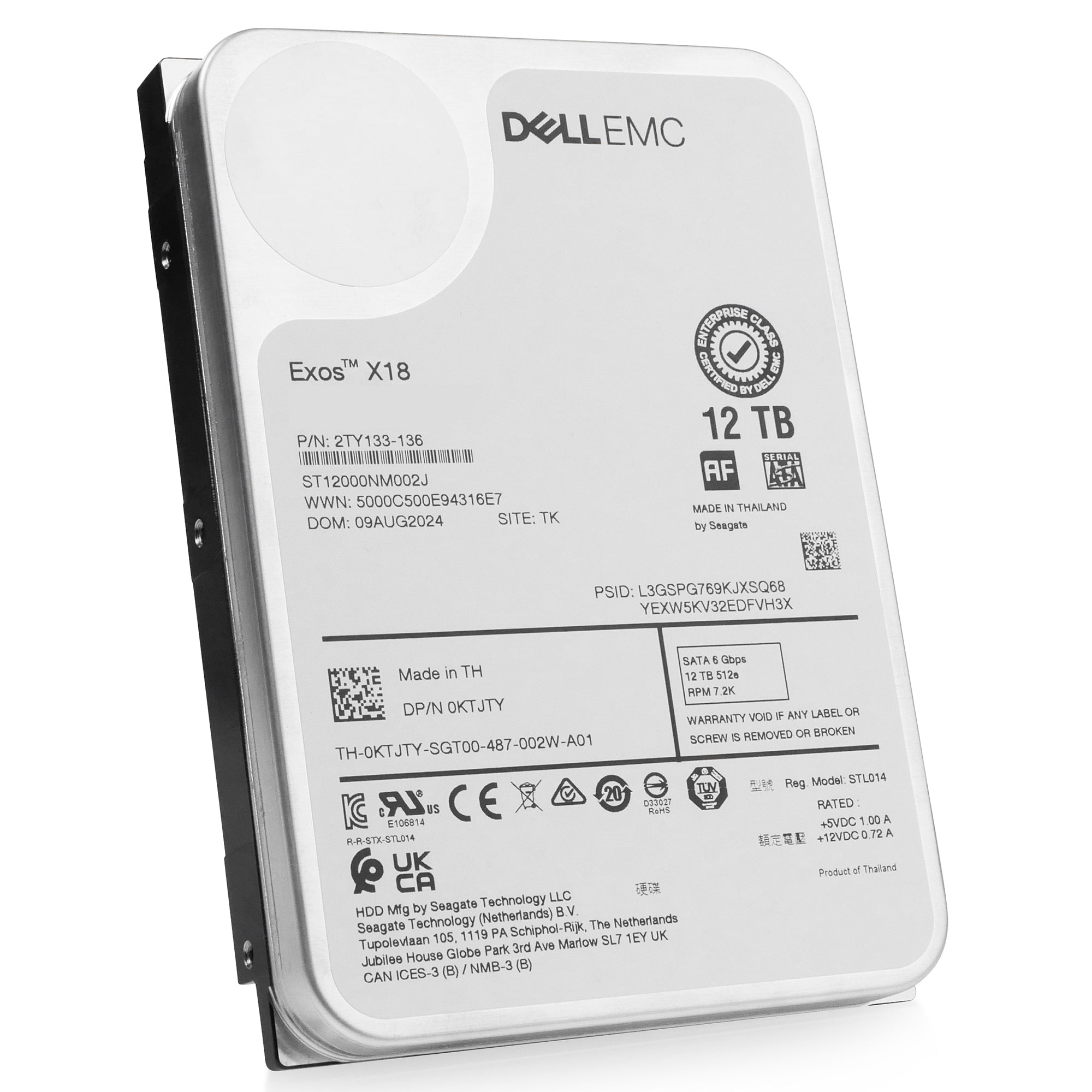 Dell/Seagate Exos X18 ST12000NM002J 12TB 7.2K RPM SATA 6Gb/s 512e 3.5in Refurbished HDD