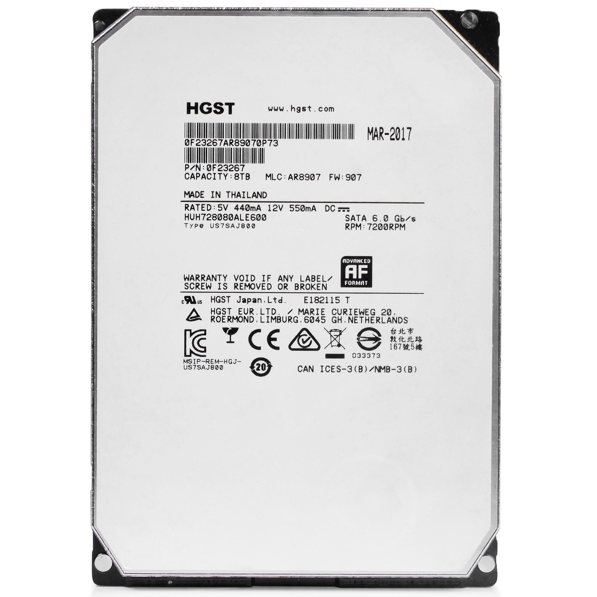 HGST Ultrastar He8 HUH728080ALE600 0F23267 8TB 7.2K RPM SATA 6Gb/s 512e 128MB 3.5" ISE HDD, front view