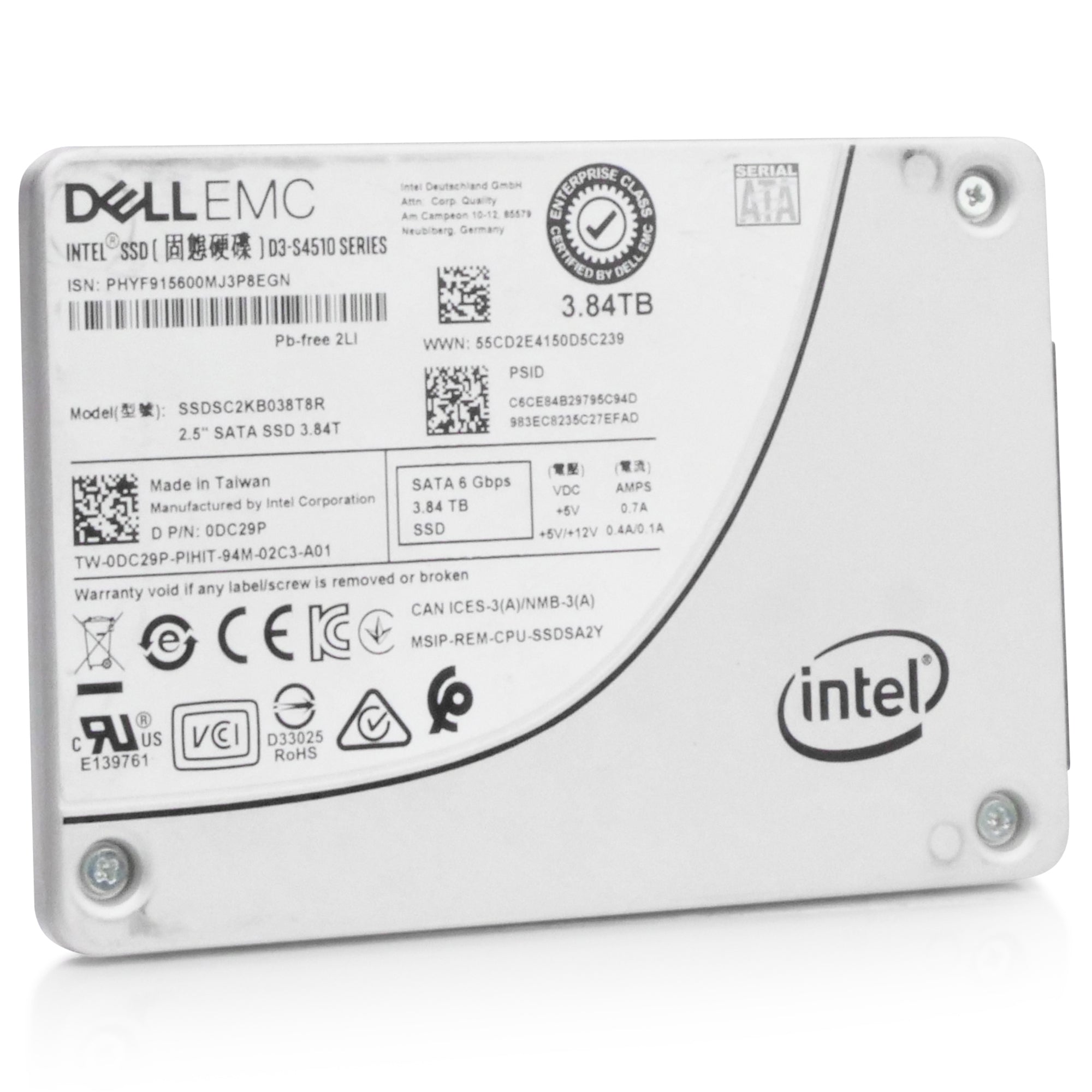 Dell/Intel D3-S4510 SSDSC2KB038T8R 3.84TB SATA 6Gb/s 3D TLC 2.5in Refurbished SSD