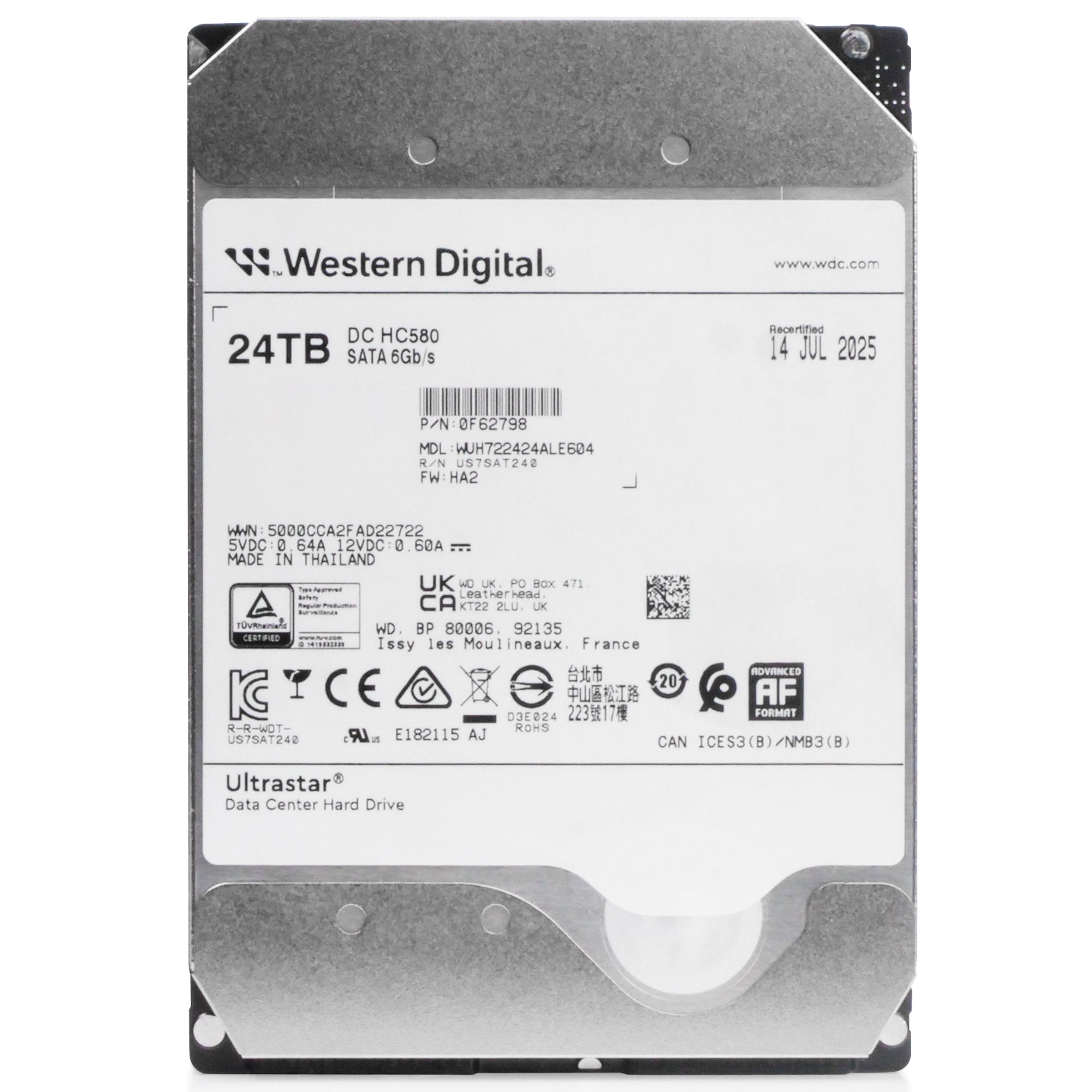 Western Digital Ultrastar DC HC580 WUH722424ALE604 0F62798 24TB 7.2K RPM SATA 6Gb/s 512e 3.5in Recertified Hard Drive
