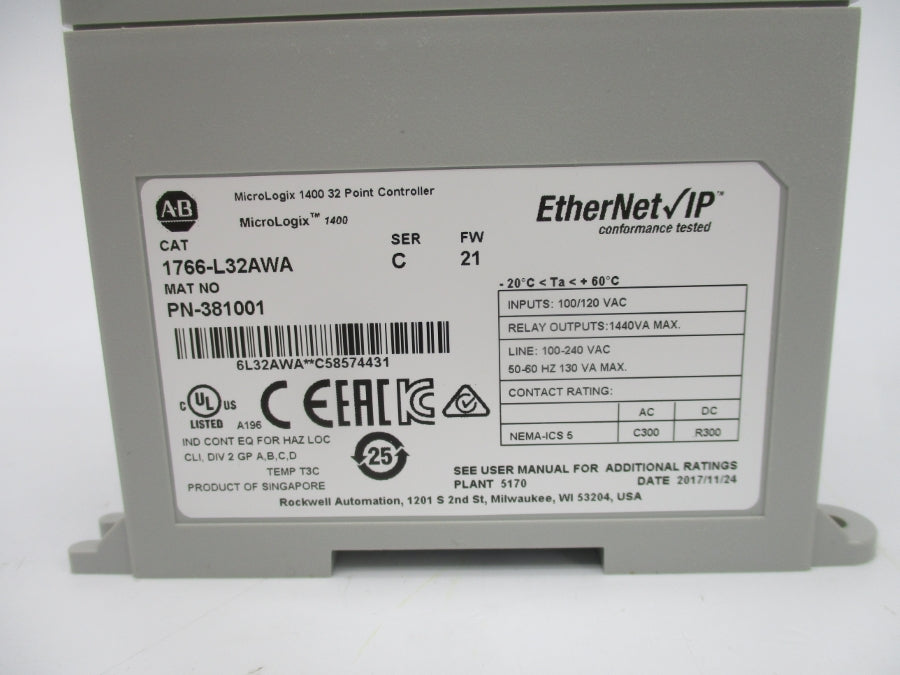 ALLEN BRADLEY 1766-L32AWA SER. C F/W 21 100/120VAC NSMP