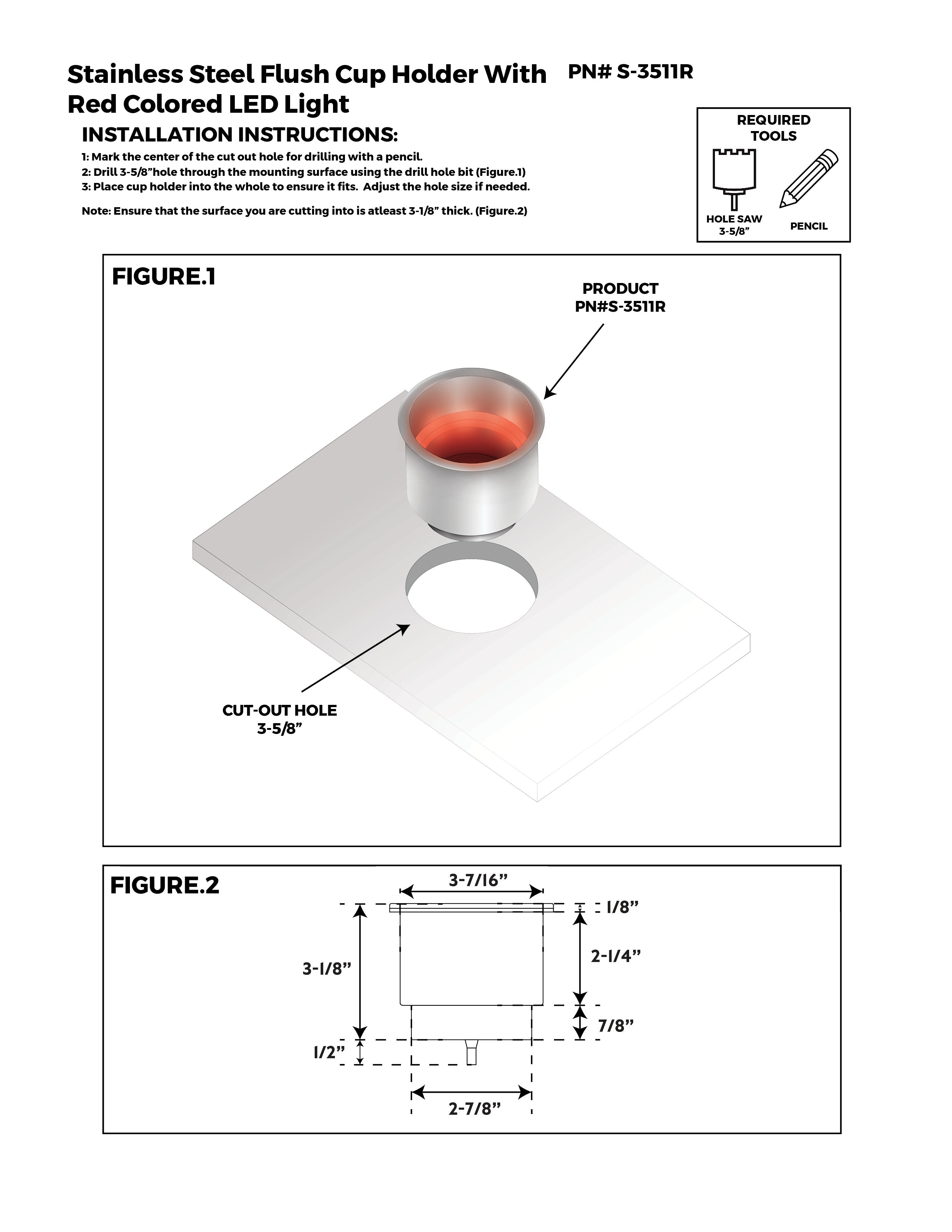 Whitecap S-3511R Stainless Steel Flush Cup Holder With Red Led Light