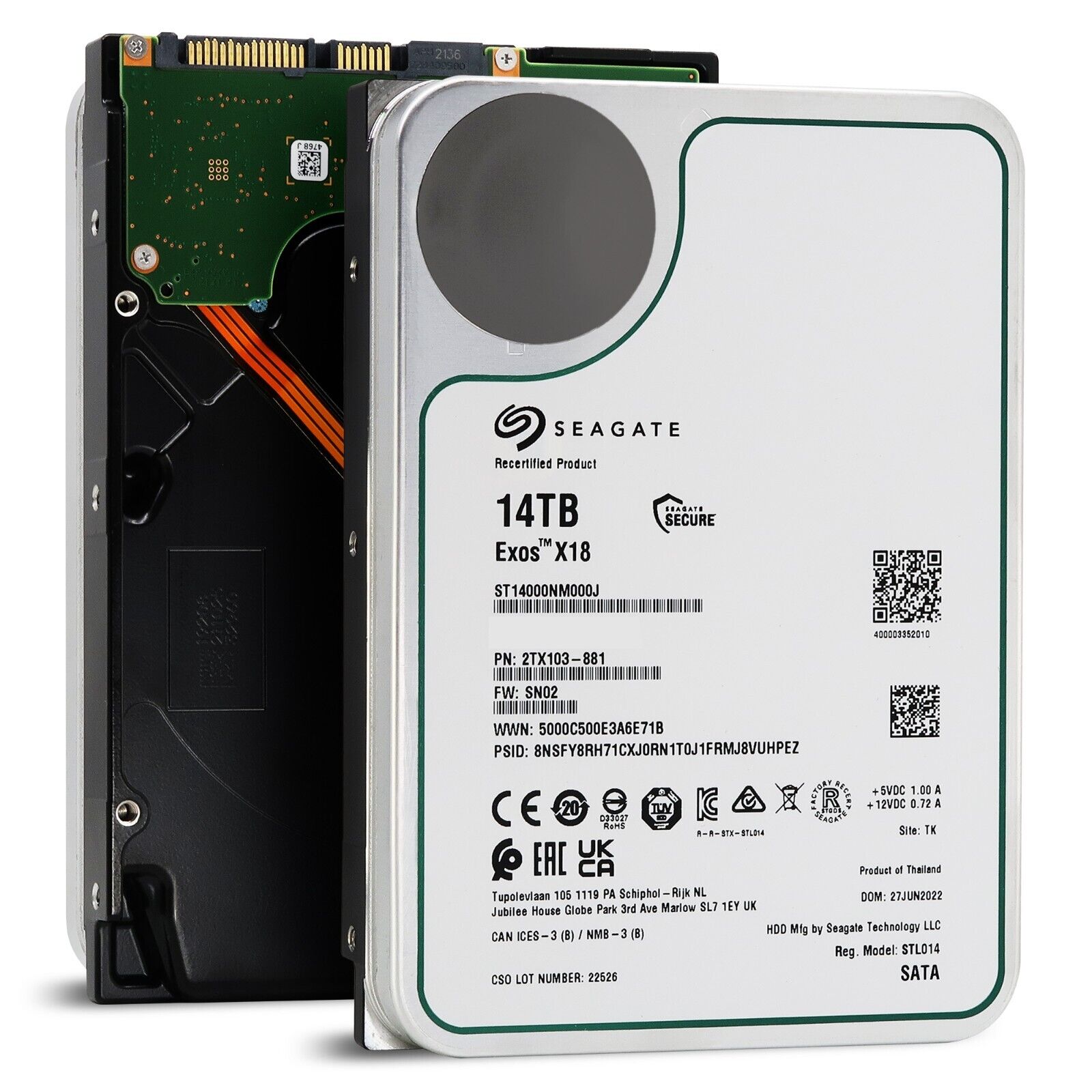 Seagate Exos X18 ST14000NM000J 14TB 7.2K RPM SATA 6Gb/s 3.5in Recertified Hard Drive