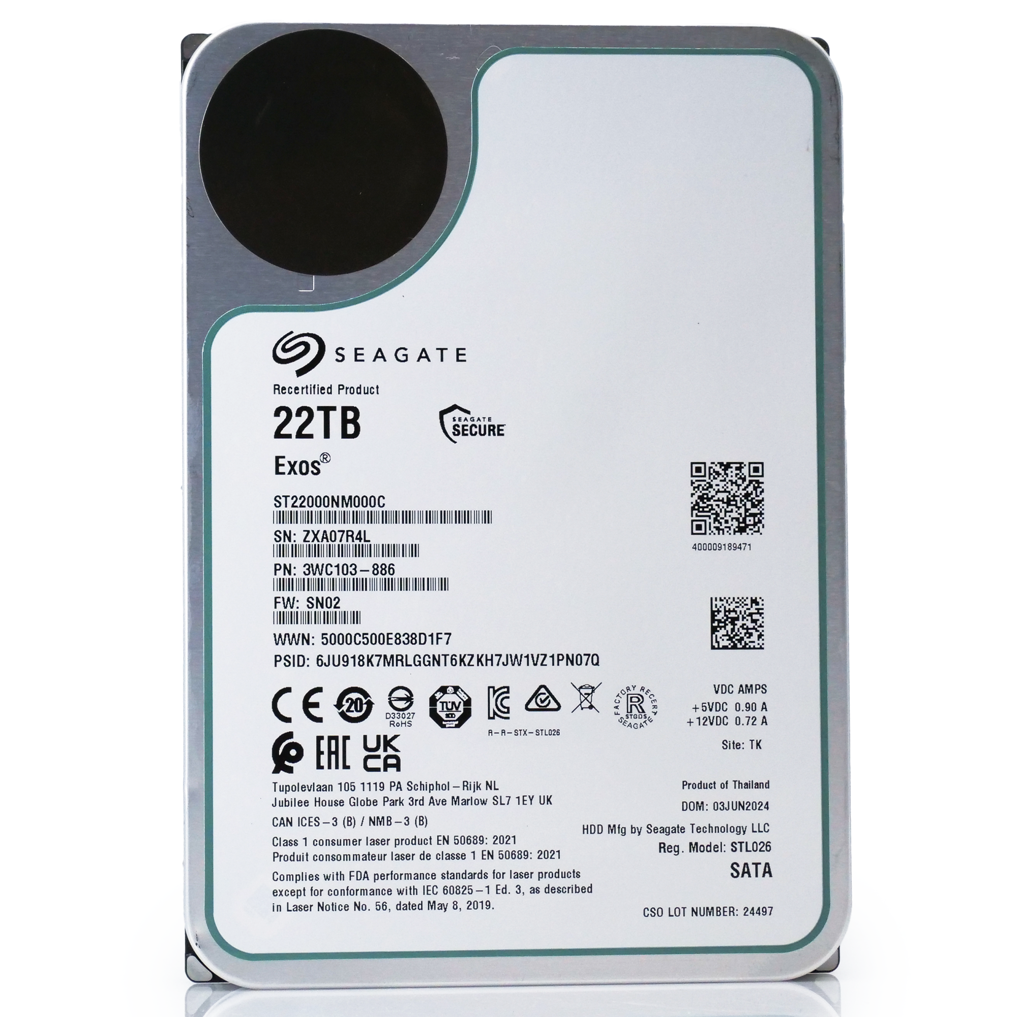 Seagate Exos ST22000NM000C 22TB 7.2K RPM SATA 6Gb/s 3.5in Recertified Hard Drive