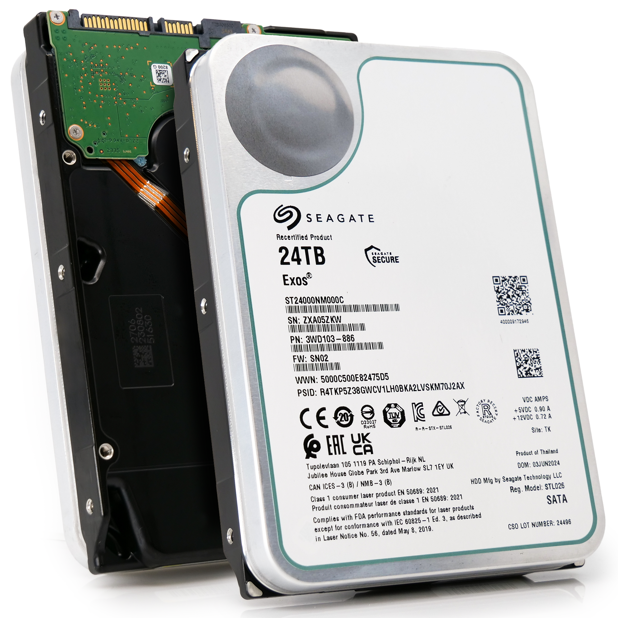 Seagate Exos ST24000NM000C 24TB 7.2K RPM SATA 6Gb/s 512e 3.5in Recertified Hard Drive