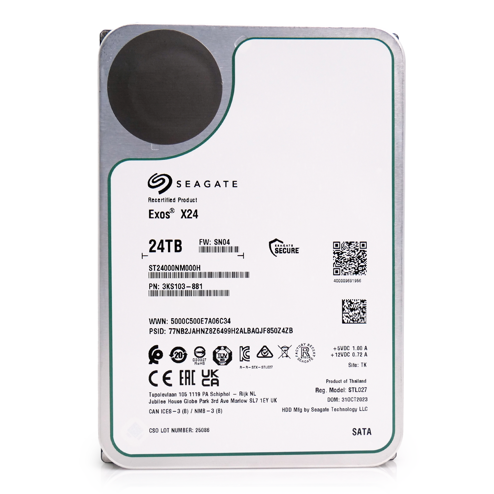 Seagate Exos ST24000NM000H 24TB 7.2K RPM SATA 6Gb/s 512e CMR 3.5in Refurbished HDD