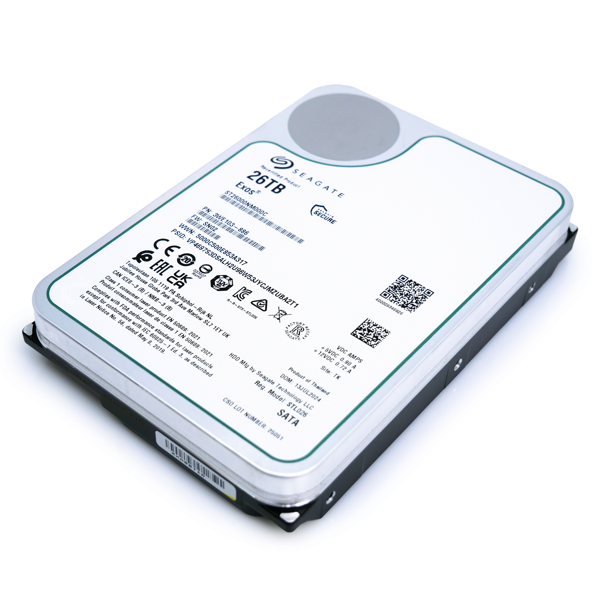 Seagate Exos ST26000NM000C 26TB 7.2K RPM SATA 6Gb/s 512e CMR 3.5in Recertified Hard Drive