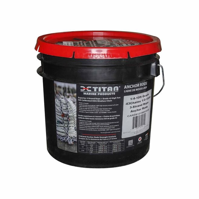 Titan Chain CAR3S91200H5115 Three Strand Anchor Rode, 9/16" x 200' Line, 5/16" x 15' Chain