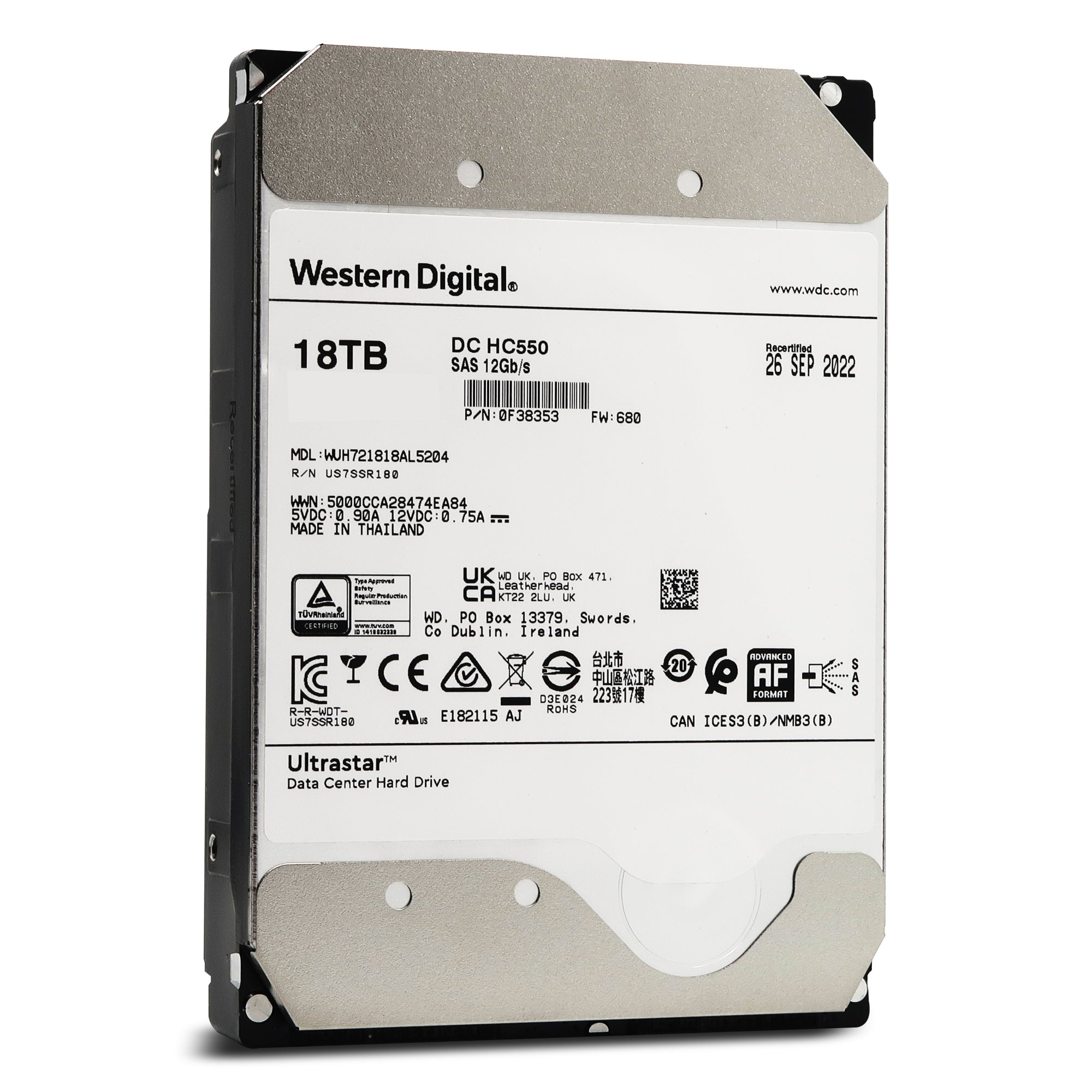 Western Digital Ultrastar DC HC550 WUH721818AL5204 0F38353 18TB 7.2K RPM SAS 12Gb/s 512e 3.5in Recertified Hard Drive Front