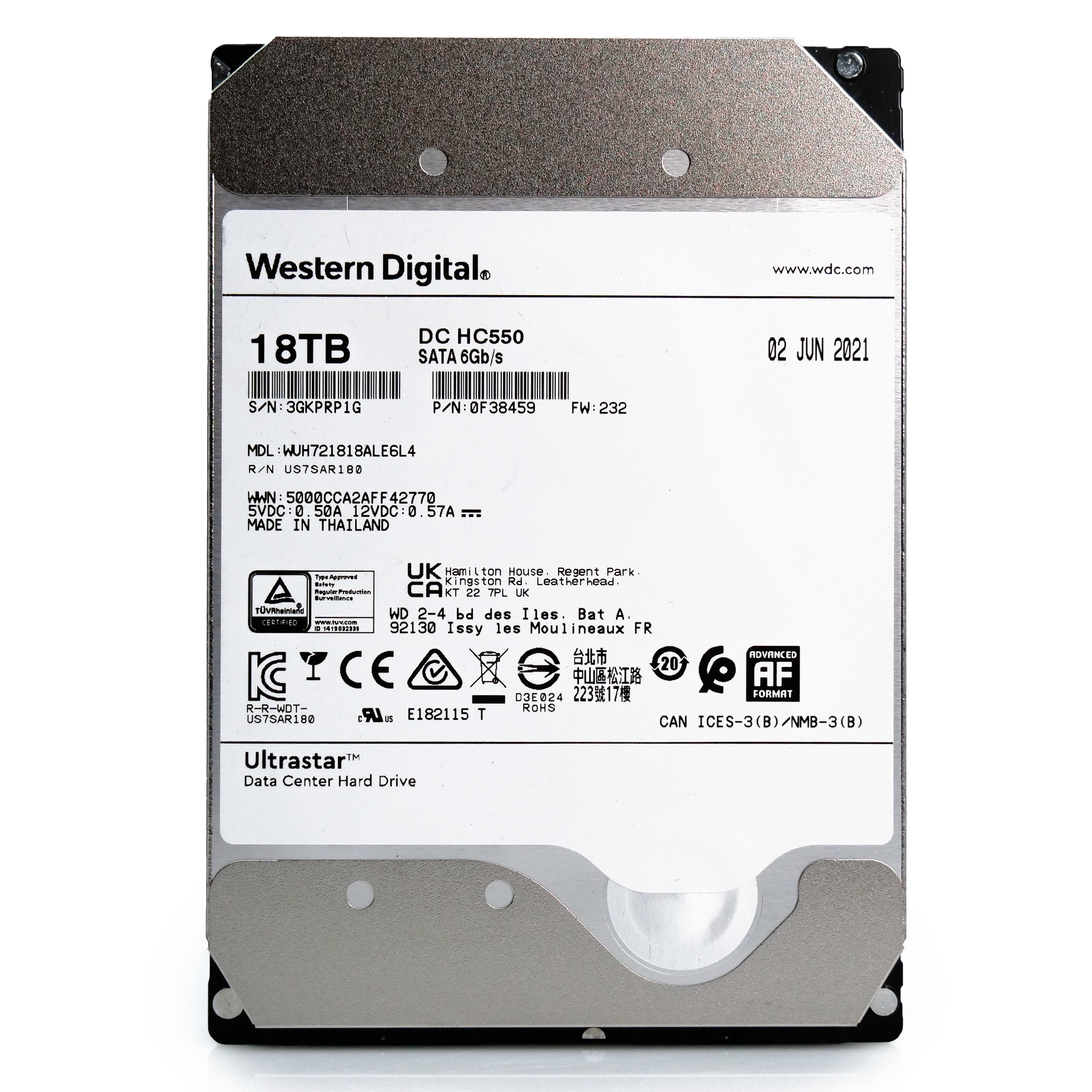 Western Digital Ultrastar DC HC550 WUH721818ALE6L4 0F38459 18TB 7.2K RPM SATA 6Gb/s 512e 512MB 3.5" Refurbished HDD