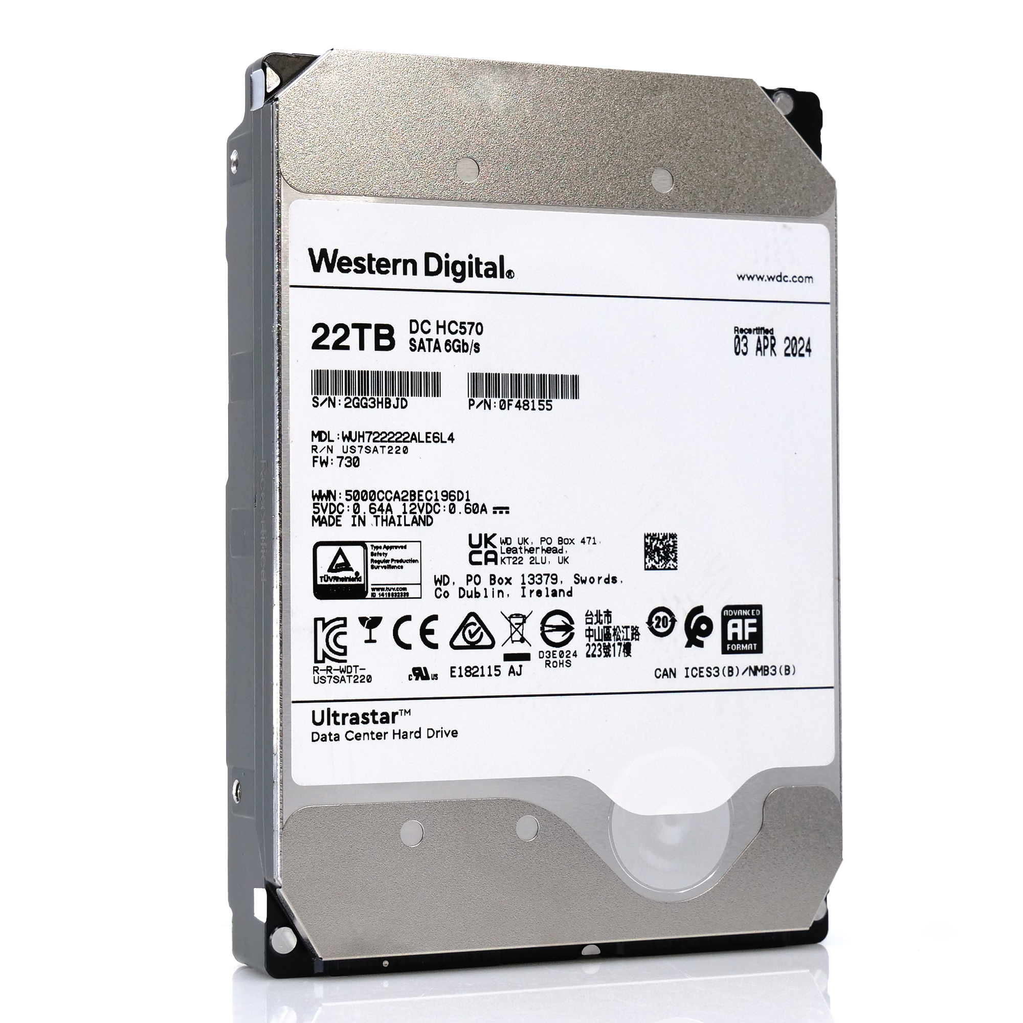 Western Digital Ultrastar DC HC570 WUH722222ALE6L4 0F48155 22TB 7.2K RPM SATA 6Gb/s 512e SE 3.5in Hard Drive
