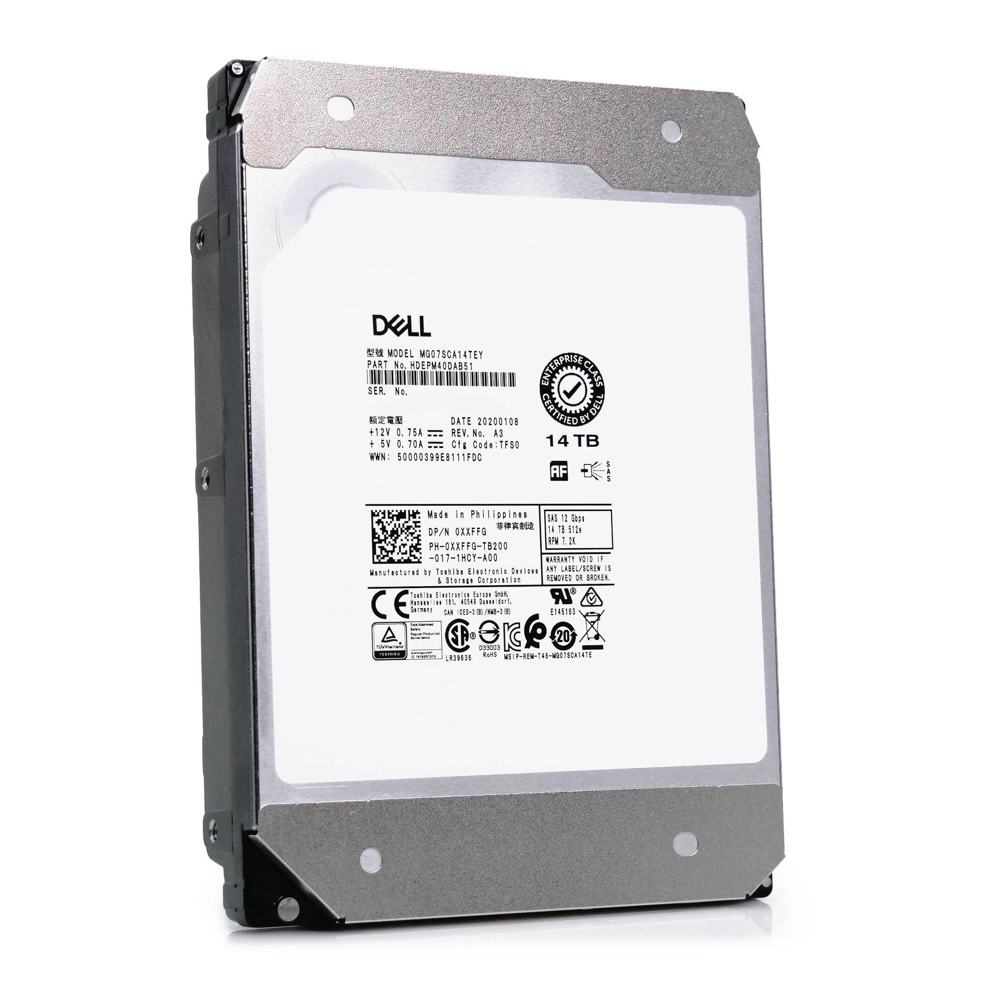 Dell/Toshiba MG07 MG07SCA14TEY HDEPM40DAB51 14TB 7.2K RPM SAS 12Gb/s 512e 3.5in Hard Drive