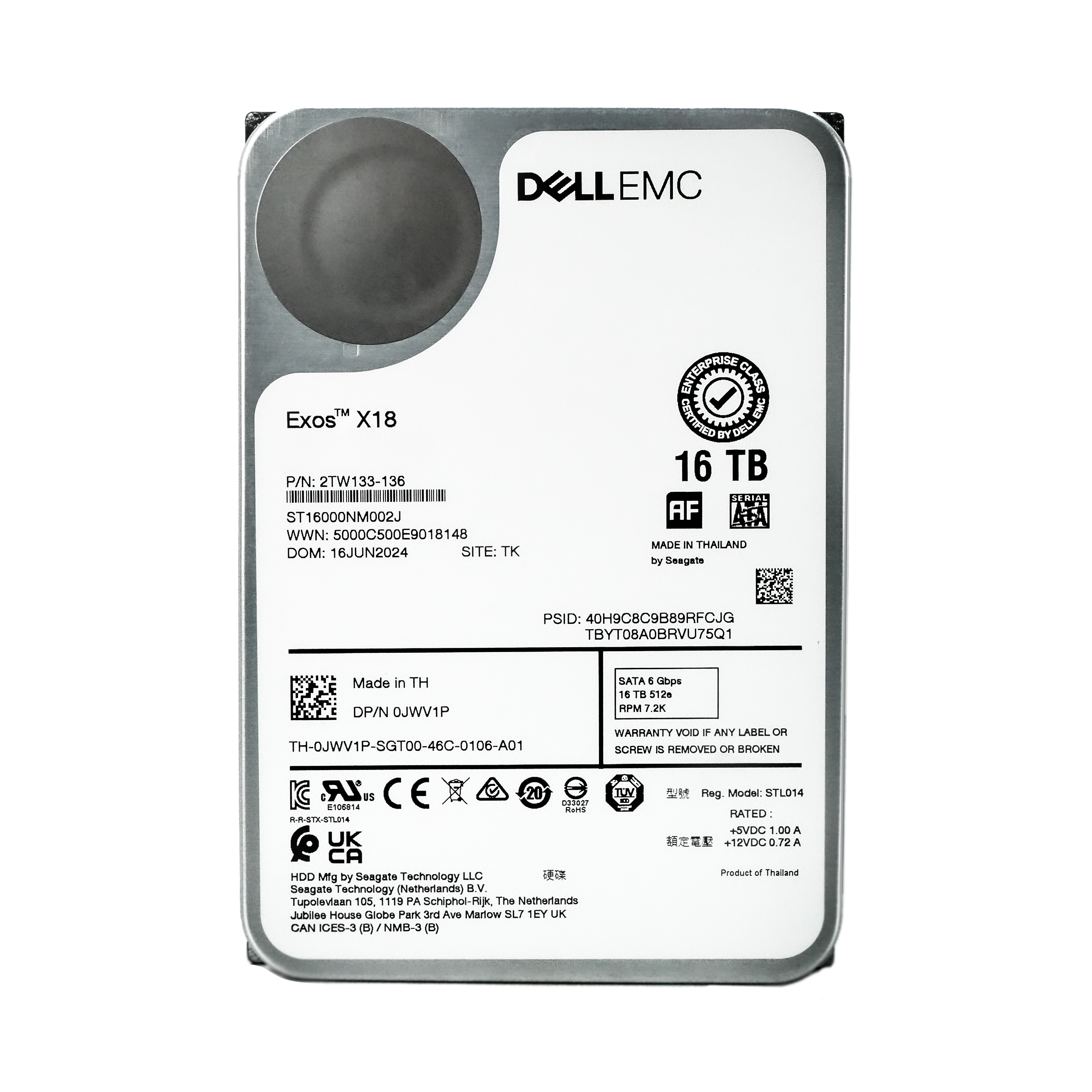 Dell/Seagate Exos X18 ST16000NM002J 16TB 7.2K RPM SATA 6Gb/s 512e 3.5in Recertified Hard Drive