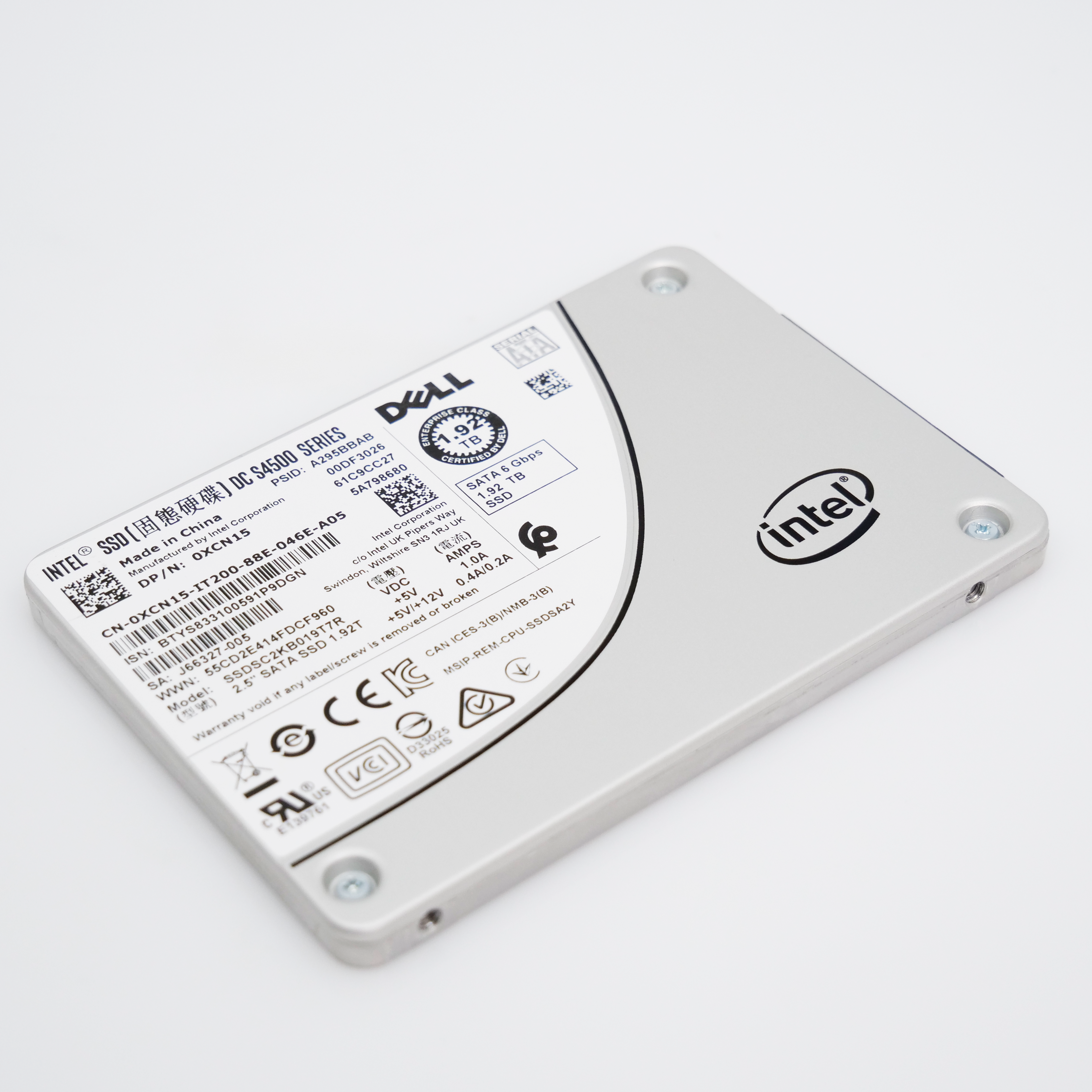 Intel/Dell DC S4500 SSDSC2KB019T7R 1.92TB 1.76 DWPD SATA 6Gb/s 3D TLC 2.5in Refurbished SSD